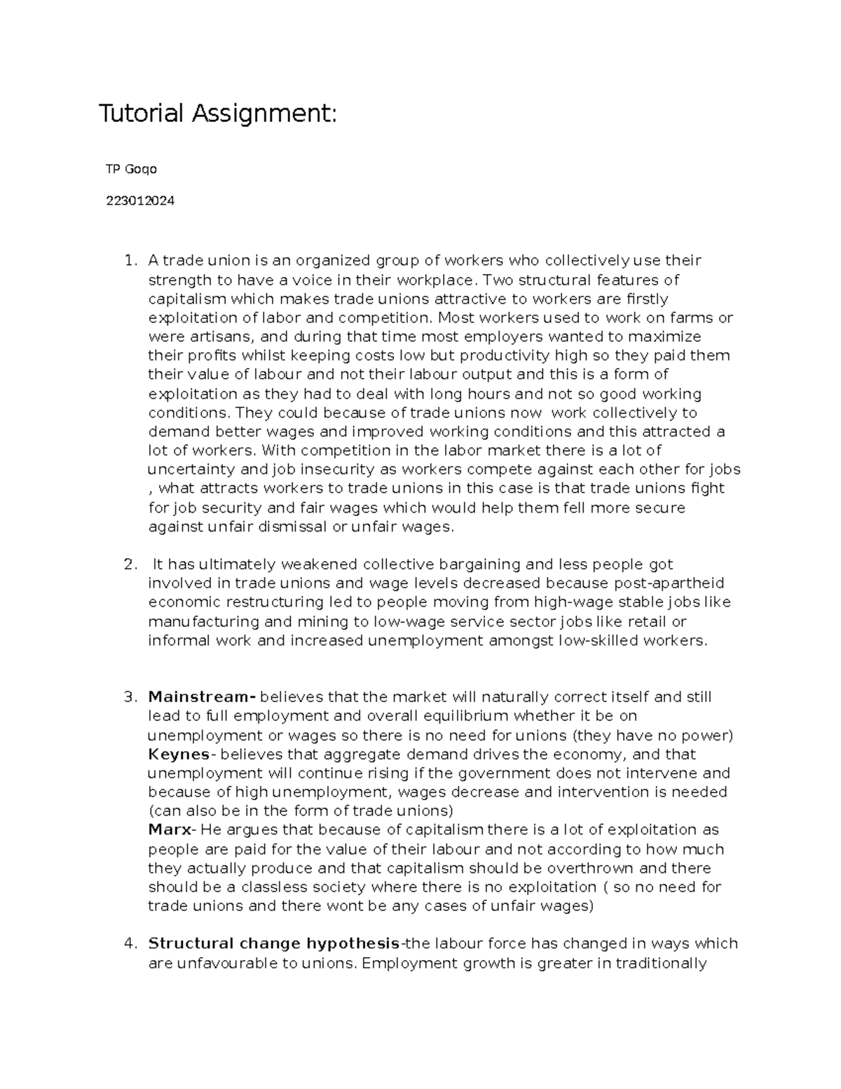 Tutorial Assignment: TP Goqo 223012024 - Trade Unions & Capitalism ...