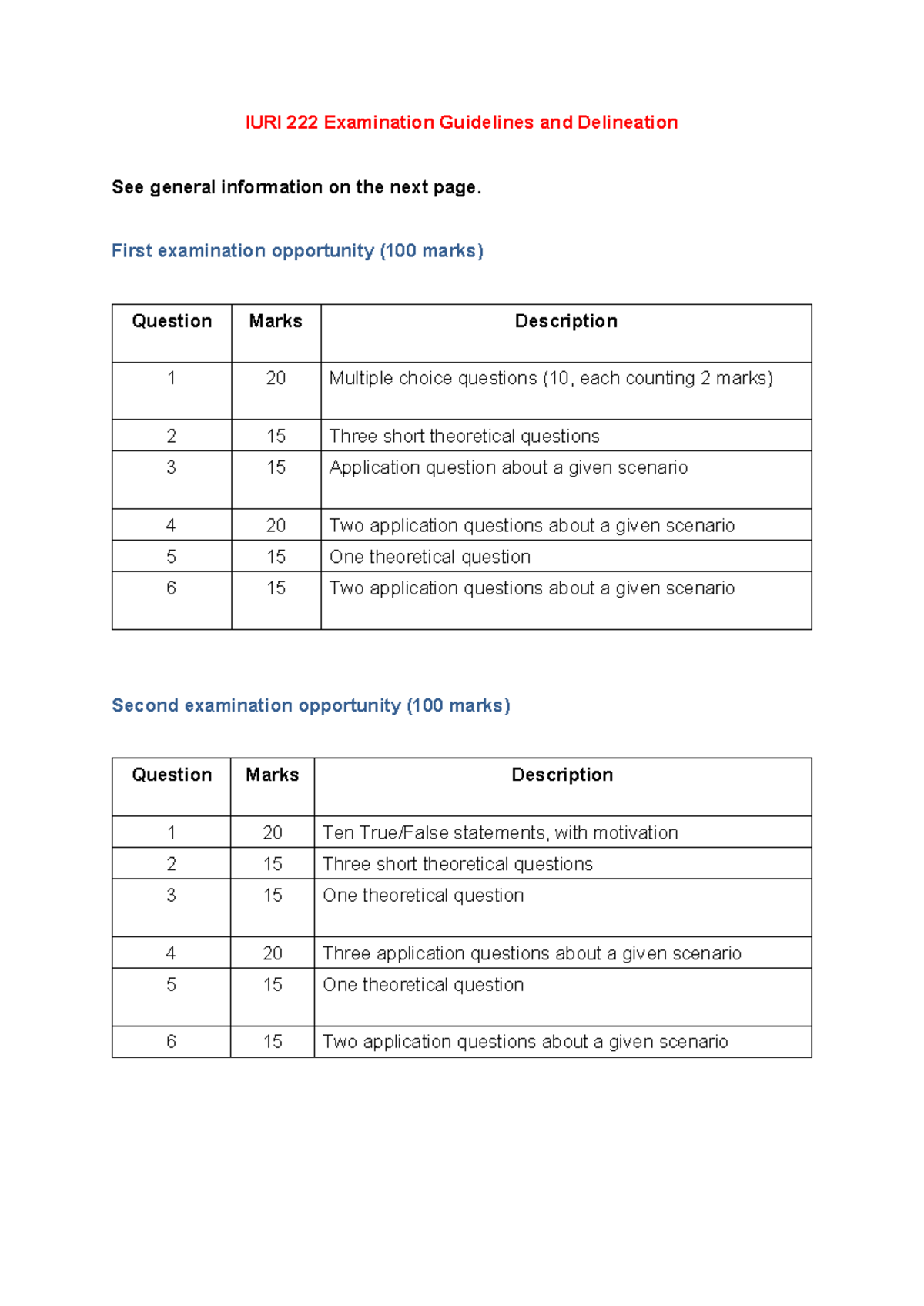 IURI 222 Exam Guidelines & Structure for Assessment Opportunities - Studocu