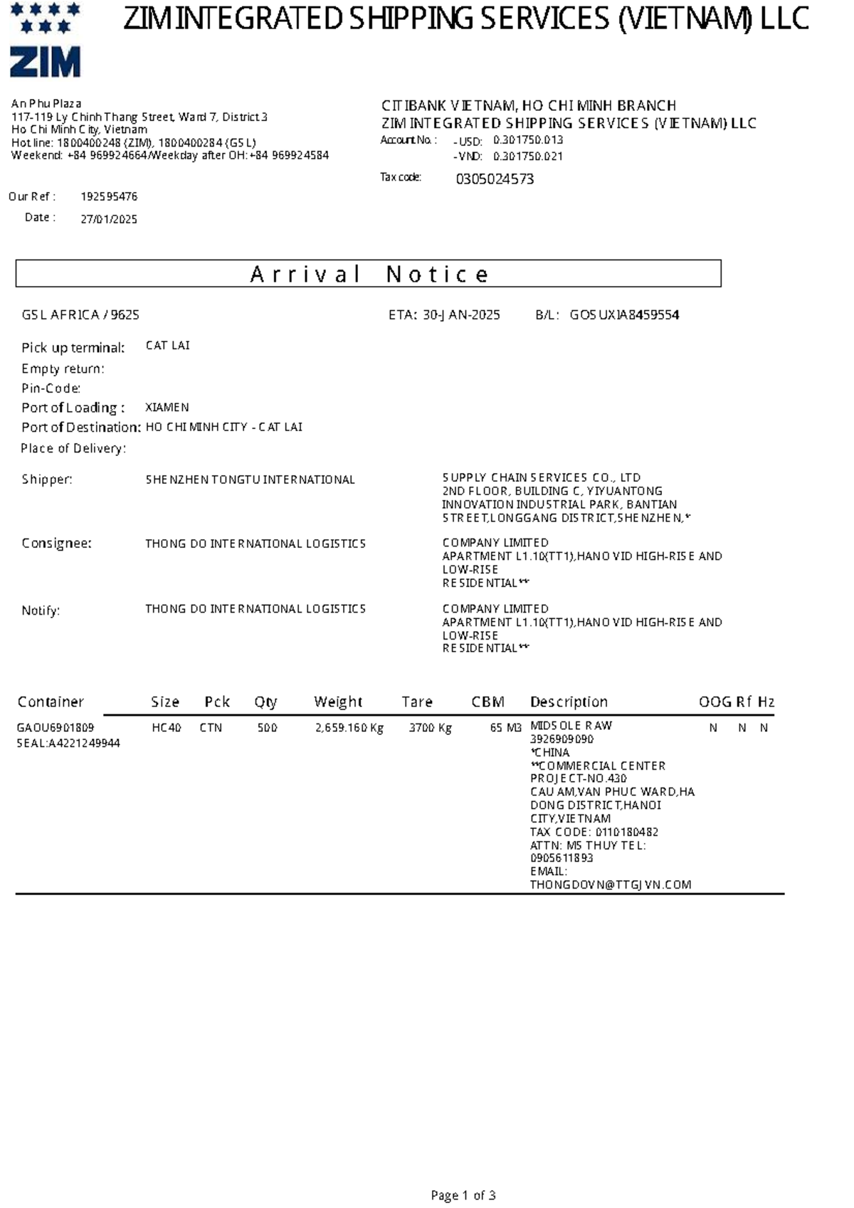 CITIBANK VIETNAM - ZIM INTEGRATED SHIPPING DOCUMENTS 962S - Studocu