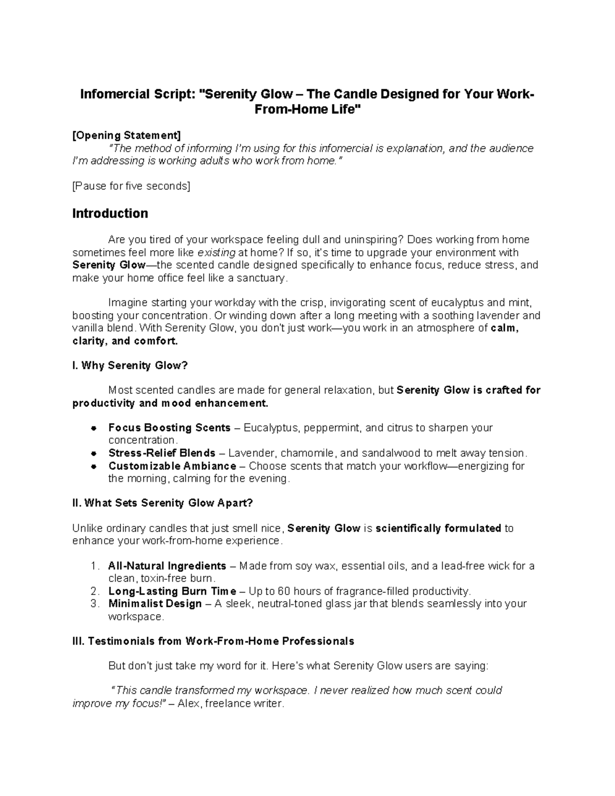 Infomercial - Summary of course - Infomercial Script: "Serenity Glow ...