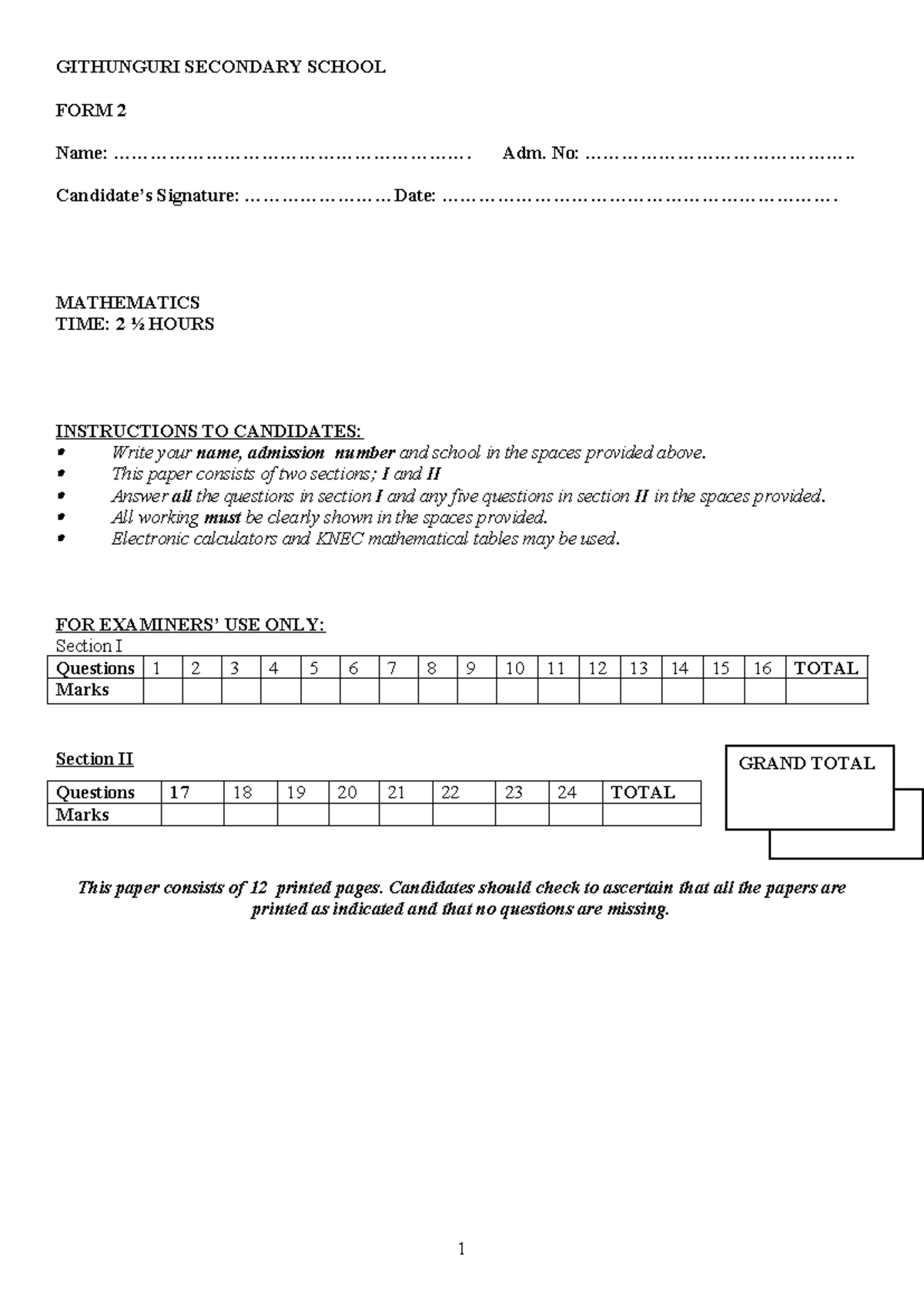 Mathematics Teaching Practice Exam Paper - Form 2 Analysis - Studocu
