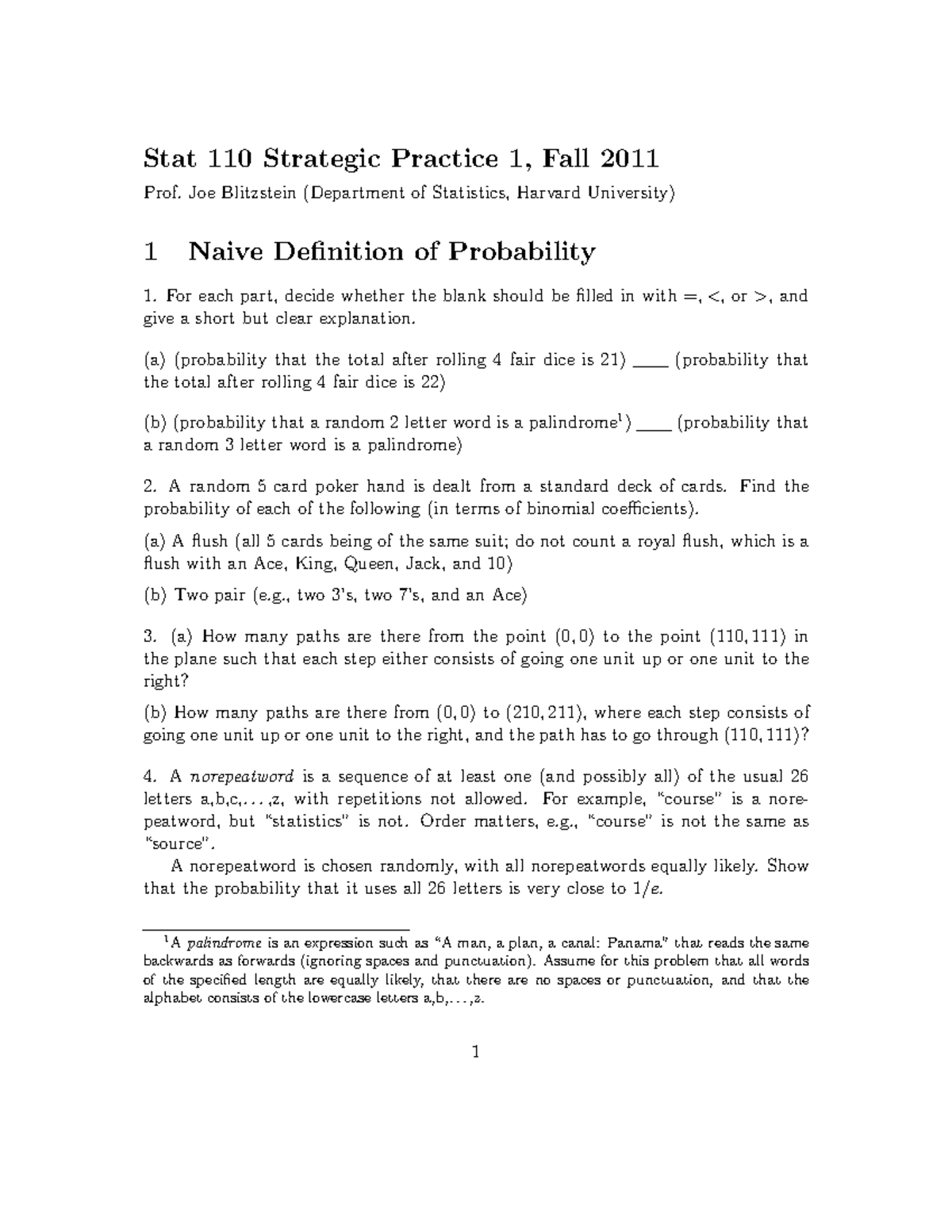 Stat 110 Strategic Practice 1 Solutions, Fall 2011 - Studocu