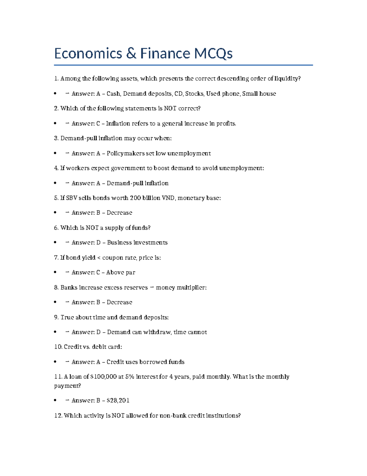 ECO 101 Final Exam MCQs on Finance and Inflation Concepts - Studocu