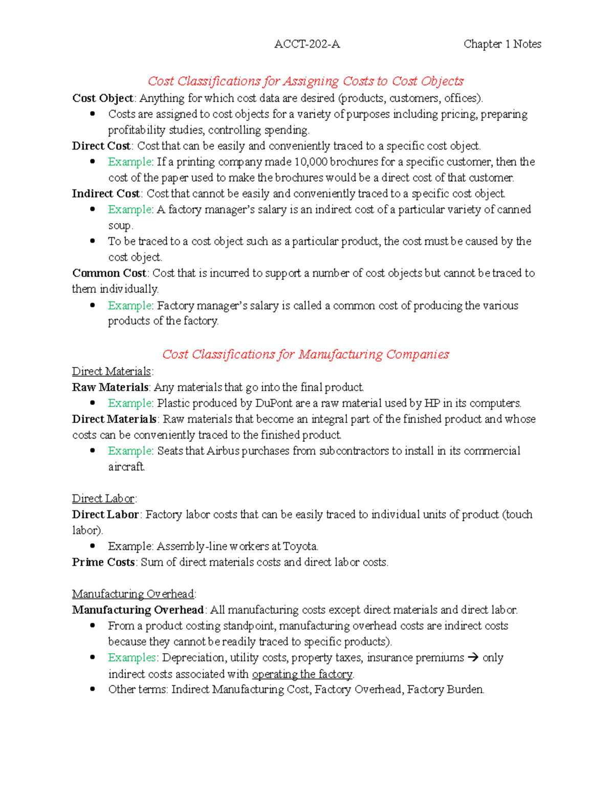 ACCT-202 Chapter 1 Cost Classifications & Concepts Overview - Studocu