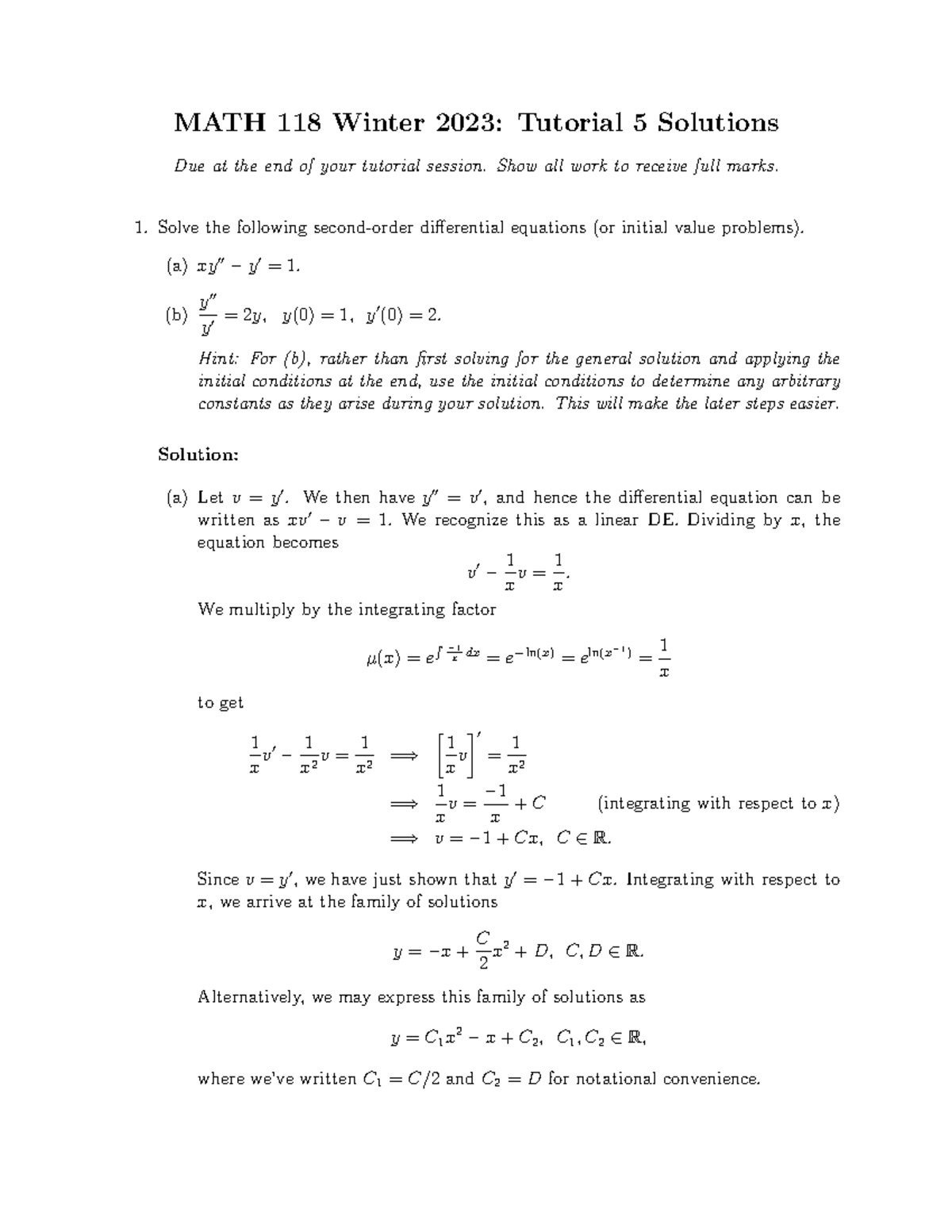 M118 W23 T05 SOL - soln - MATH 118 Winter 2023: Tutorial 5 Solutions ...