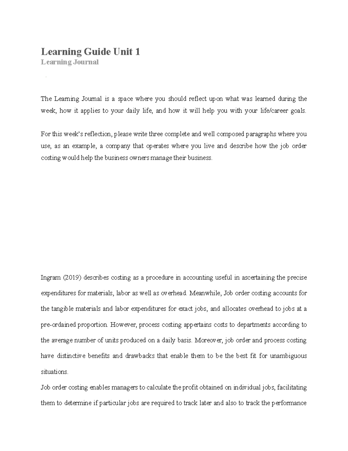 Unit 1 Learning Journal: Reflections on Job Order Costing (BUS 3304 ...
