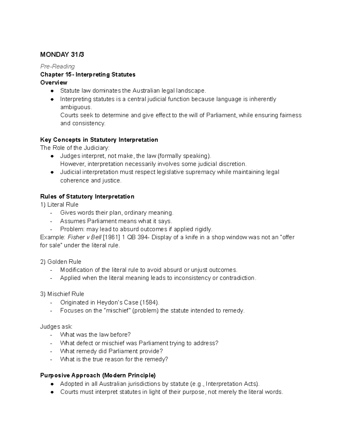 LAWS1052 Final Exam Chapter on Statutory Interpretation Overview - Studocu