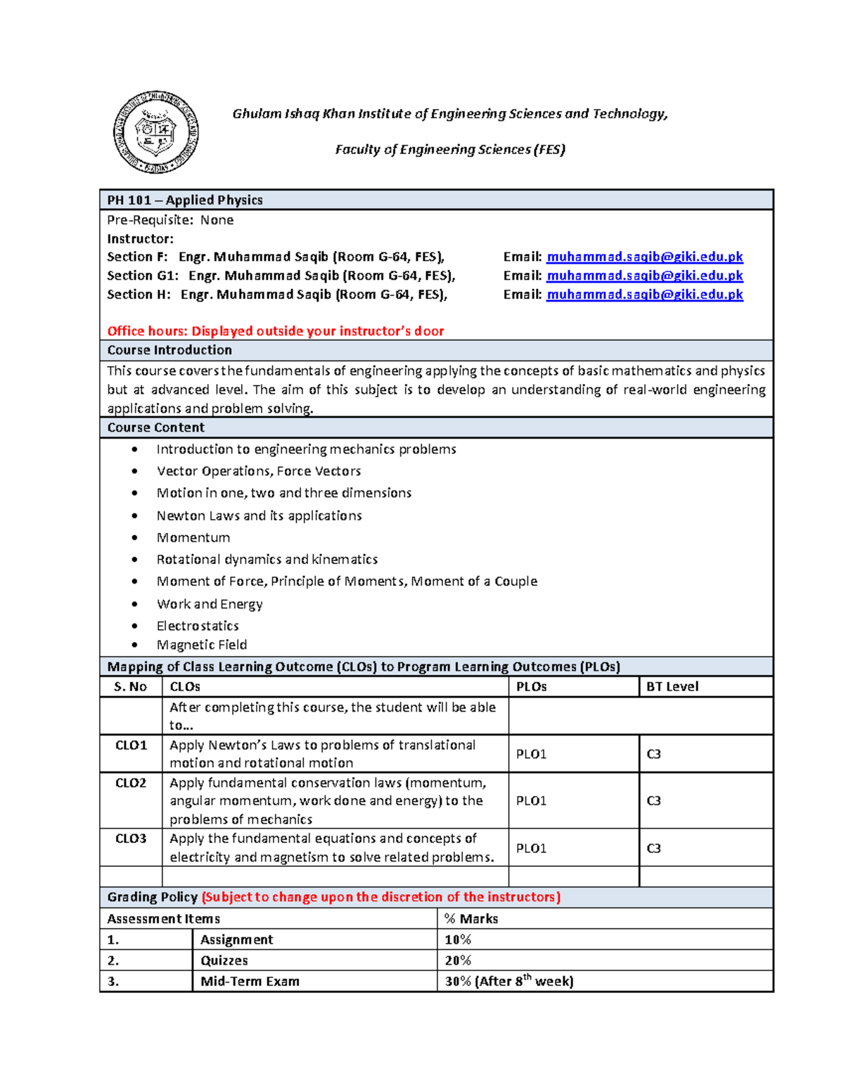 PH101-Applied Physics Course Outline for Fall 2023 - Studocu