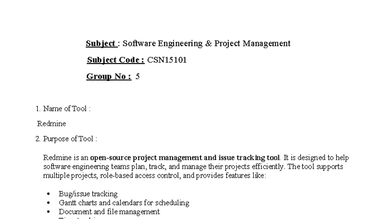 CSN15101: Redmine Tool Overview for Software Engineering Projects - Studocu