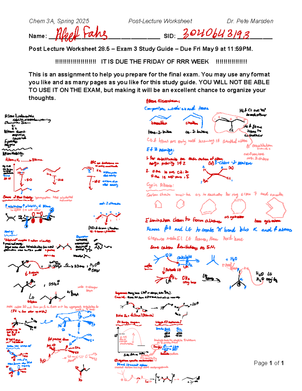Chem 3A Spring 2025: Post Lecture Worksheet 28.5 Study Guide - Studocu
