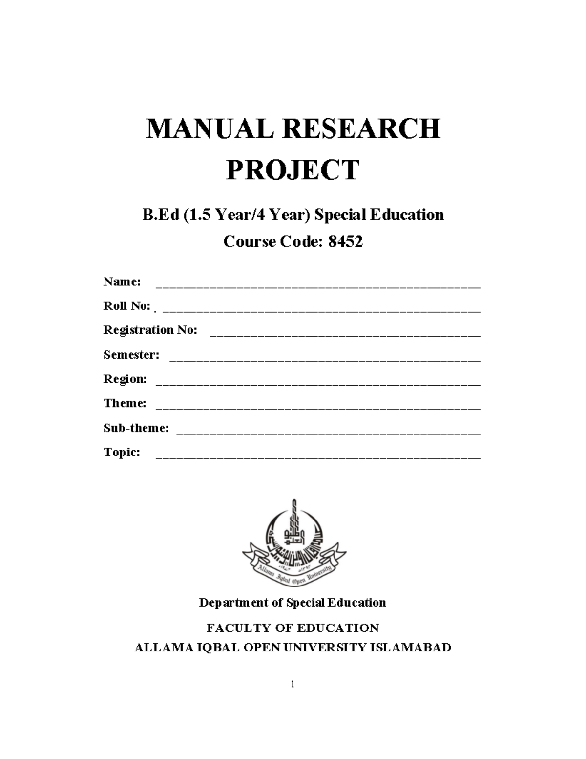B.Ed (1.5 Year) Special Education Research Project Manual (Course Code ...