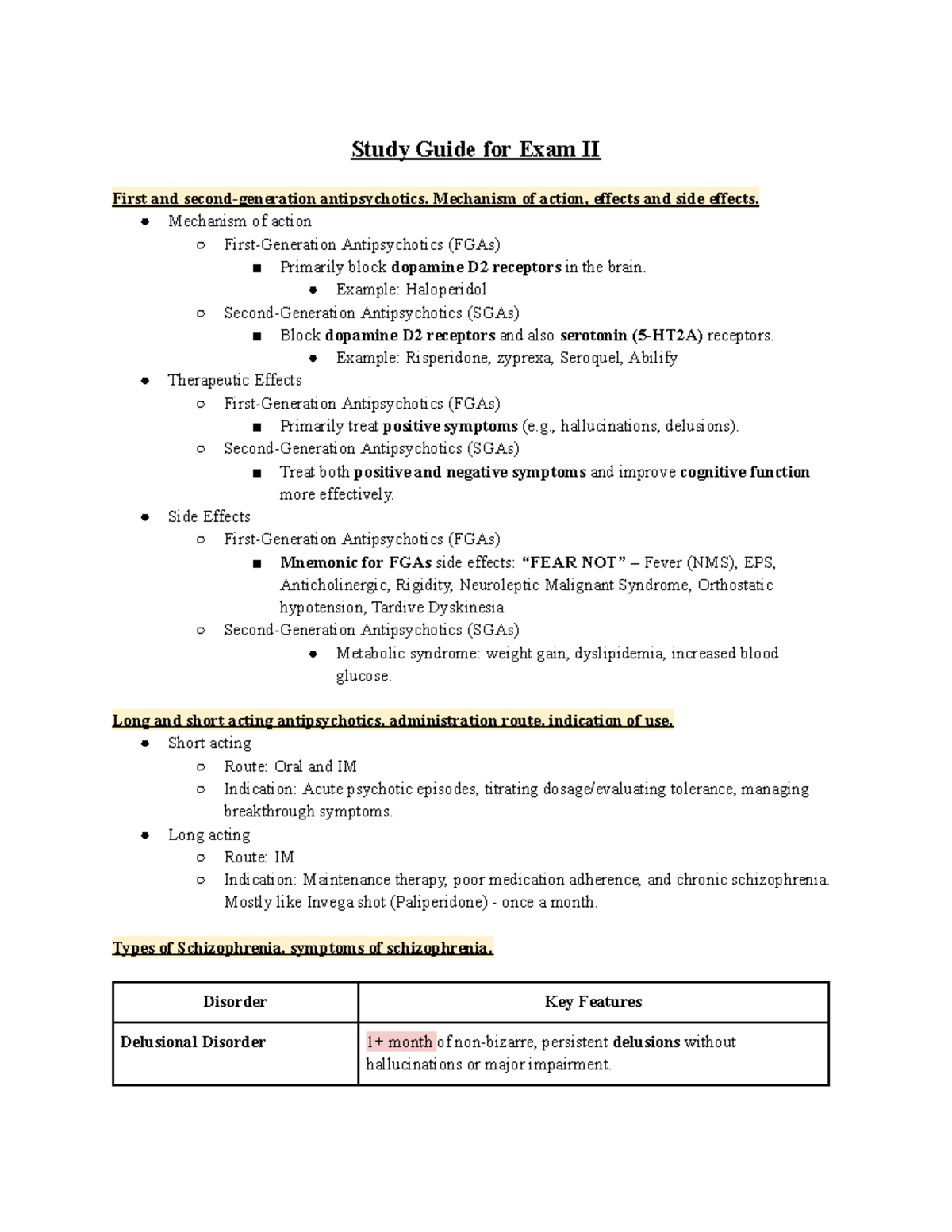 Mental Health - Study Guide for Exam II: Antipsychotics & Schizophrenia ...
