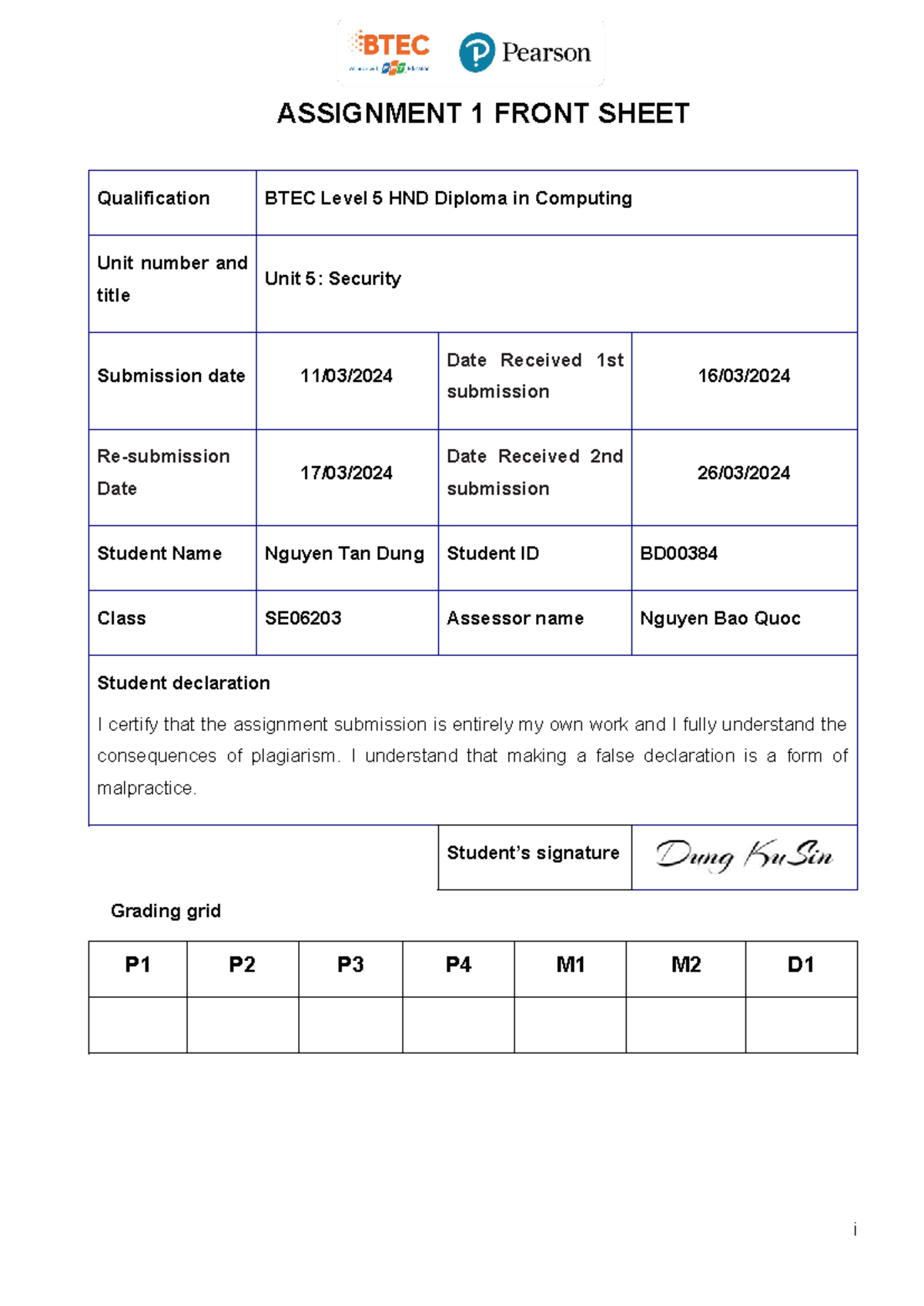 7406 SE06203 BD00384 ASM1 Nguyen Tan Dung Security - ASSIGNMENT 1 FRONT ...