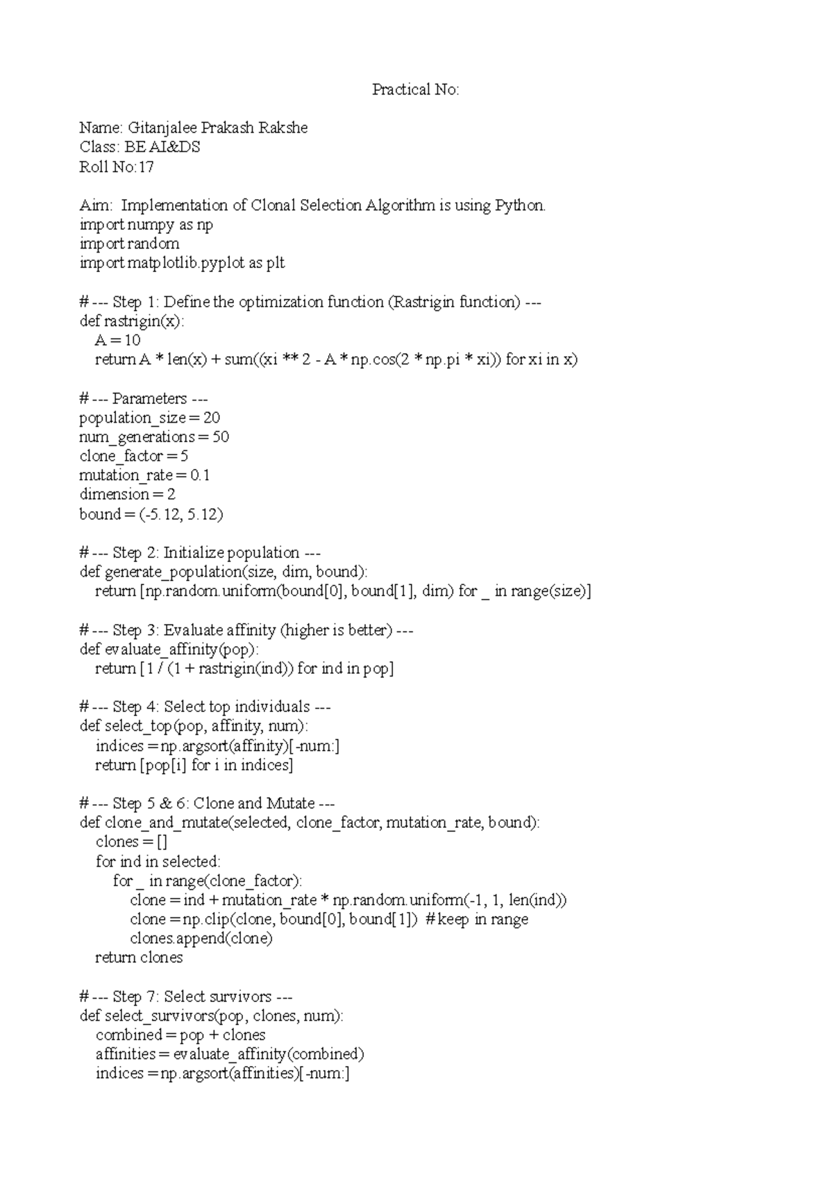 PR6 - Implementation of Clonal Selection Algorithm in Python - Studocu