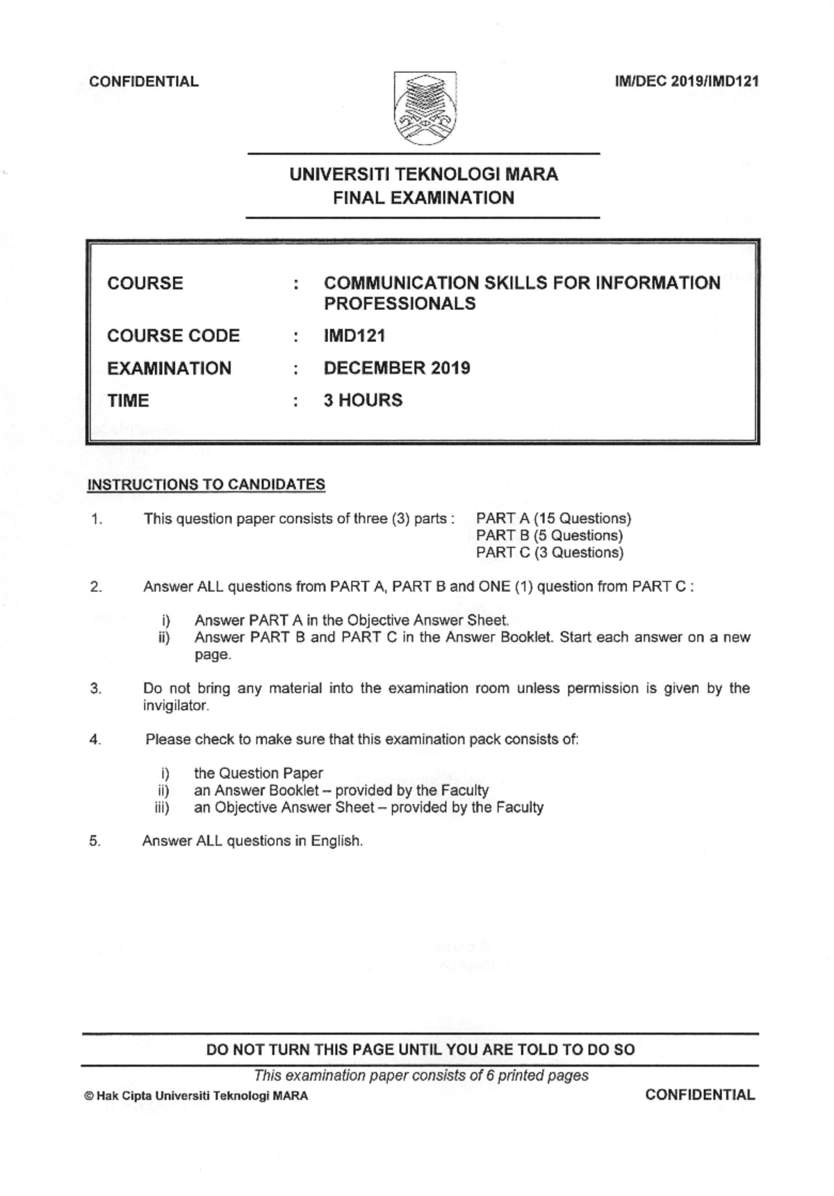 Final Exam IMD121 - Communication Skills for Information Professionals ...