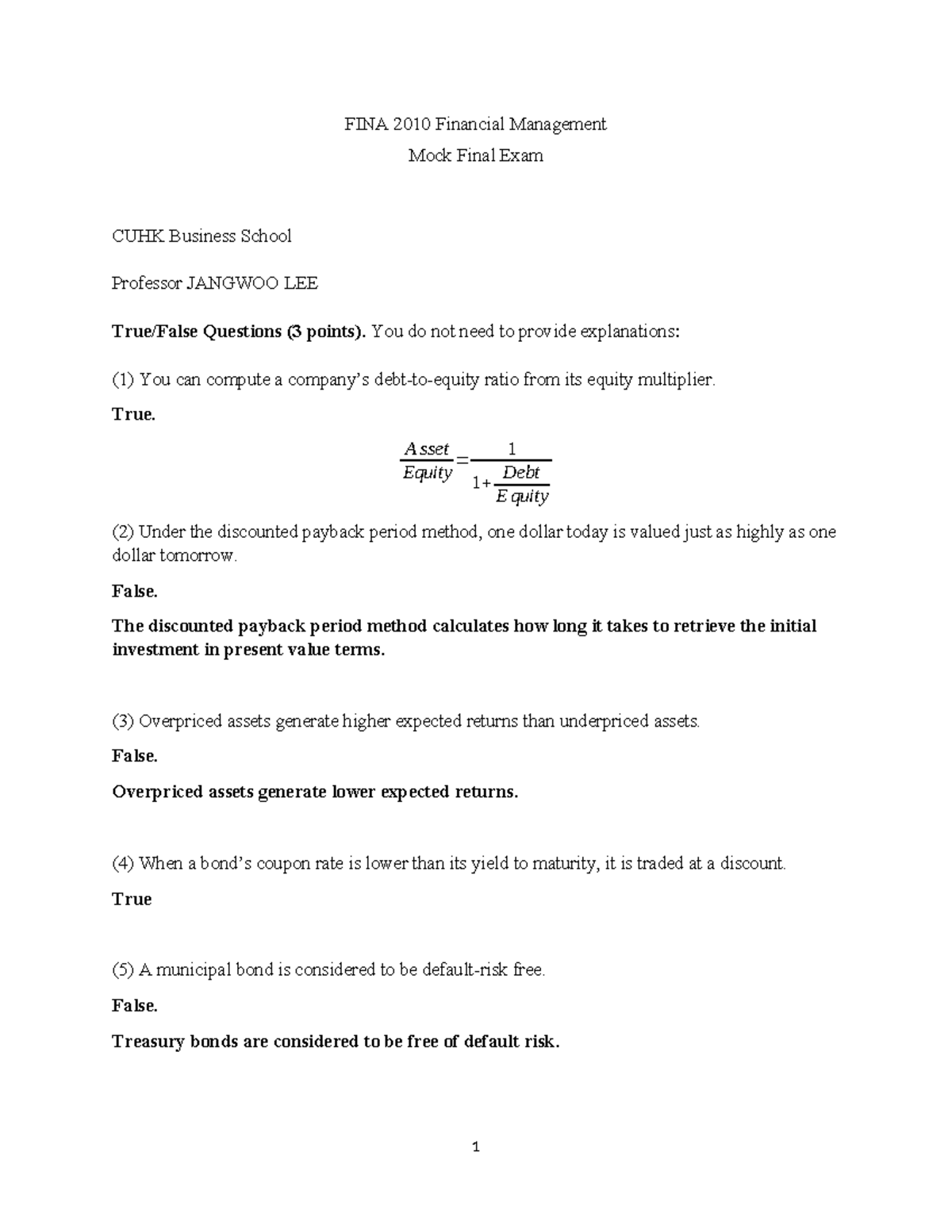 FINA2010 Mock Final Exam Practice with Answer Key - Studocu