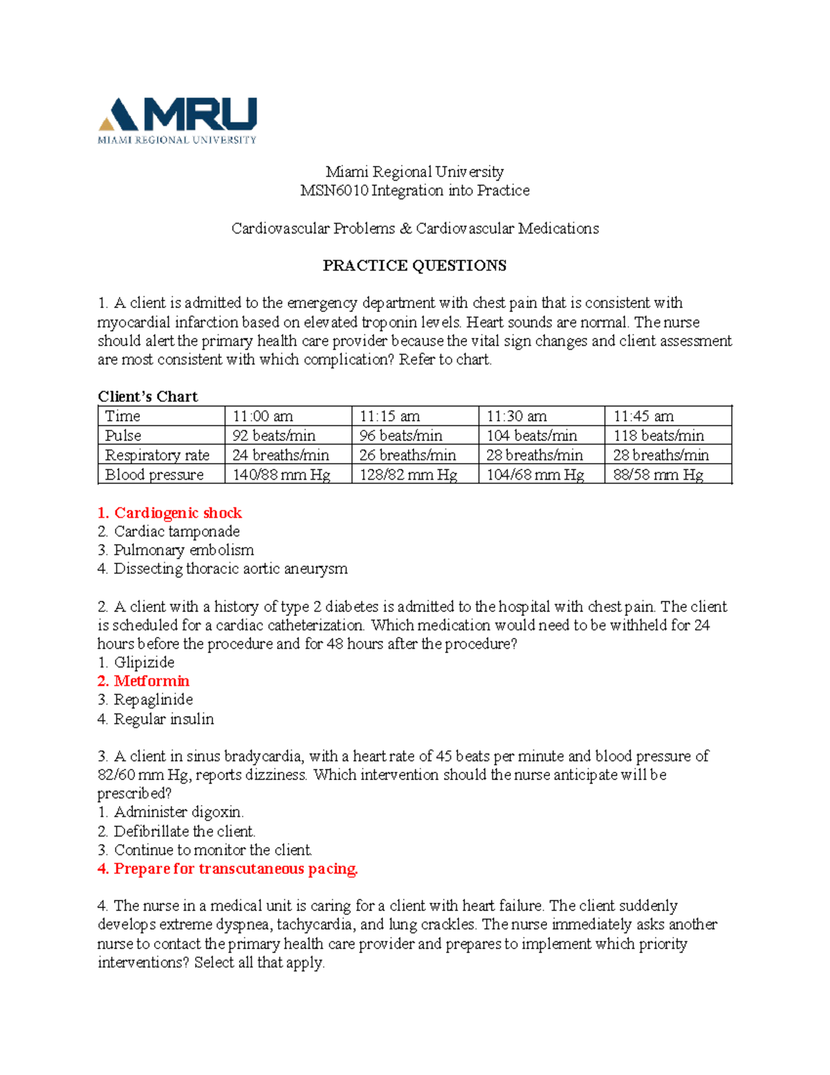 MSN6010 Cardiovascular Practice Questions for Clinical Assessment - Studocu