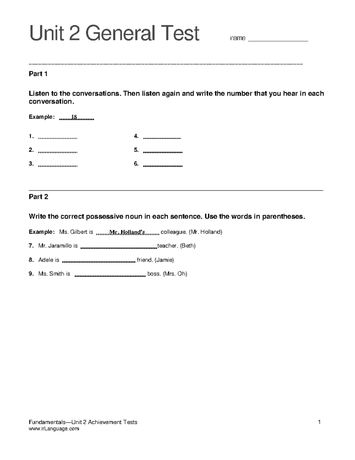 Top Notch Fundamentals Unit 5 Assessment - Unit 5 General Test name ...