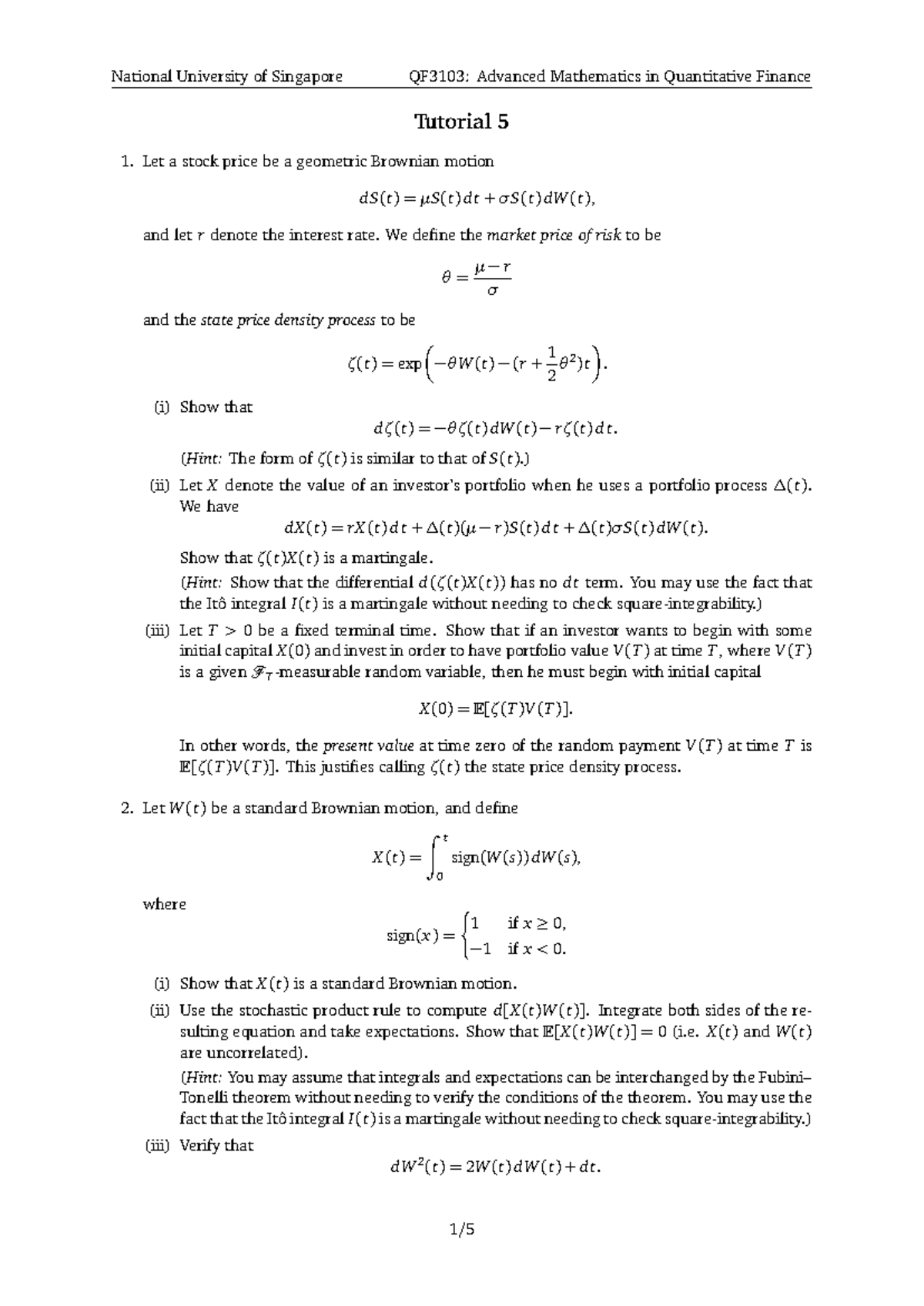 National University of Singapore QF3103: Advanced Mathematics in ...