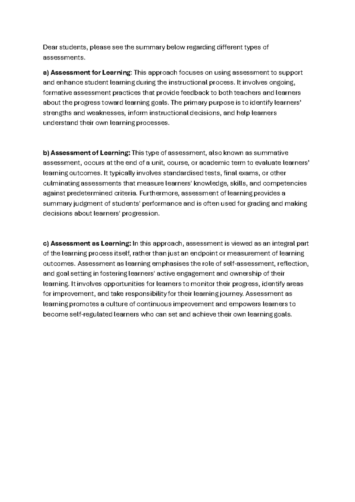 Different types of assessments - a) Assessment for Learning: This ...