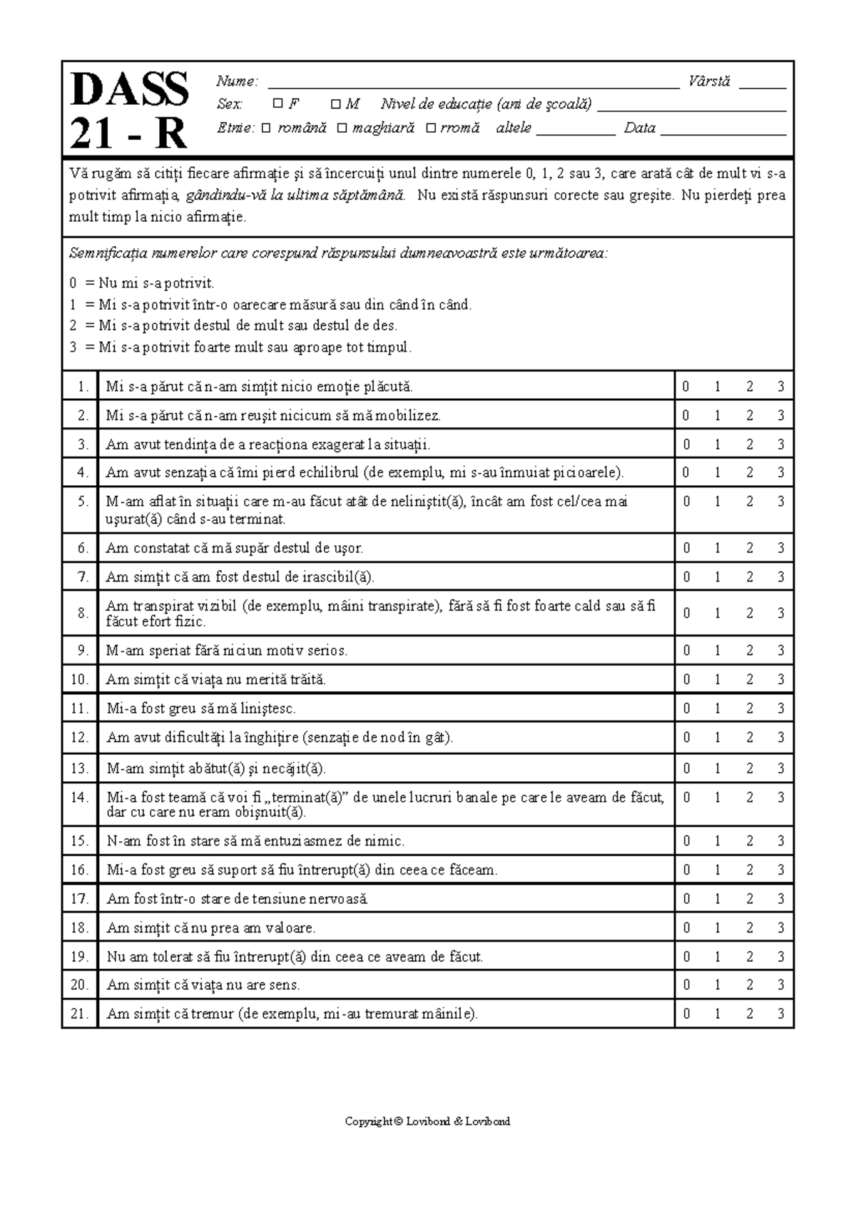 DASS-21ro Perte: Instrument de Evaluare a Stresului și Emoțiilor - Studocu