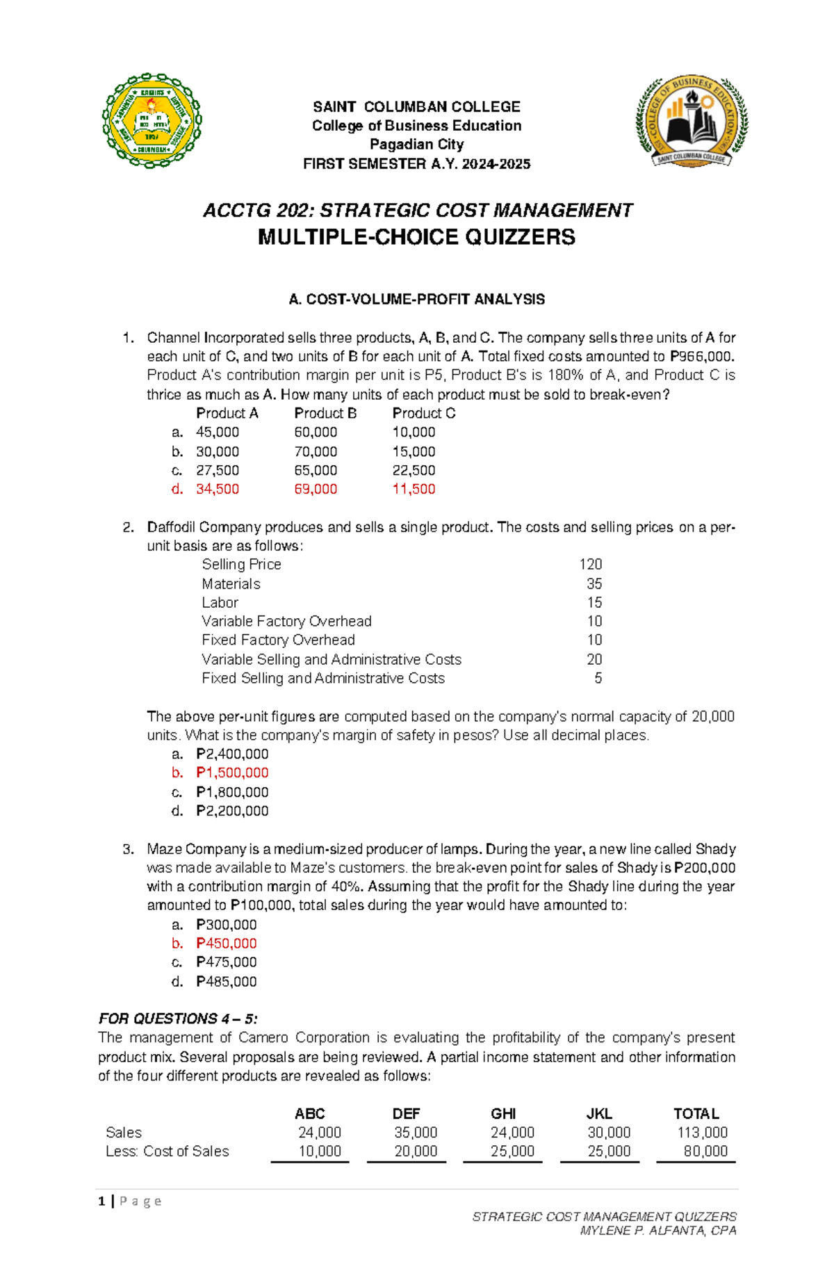 SCM 202: Strategic Cost Management Quizzers - Comprehensive Analysis ...