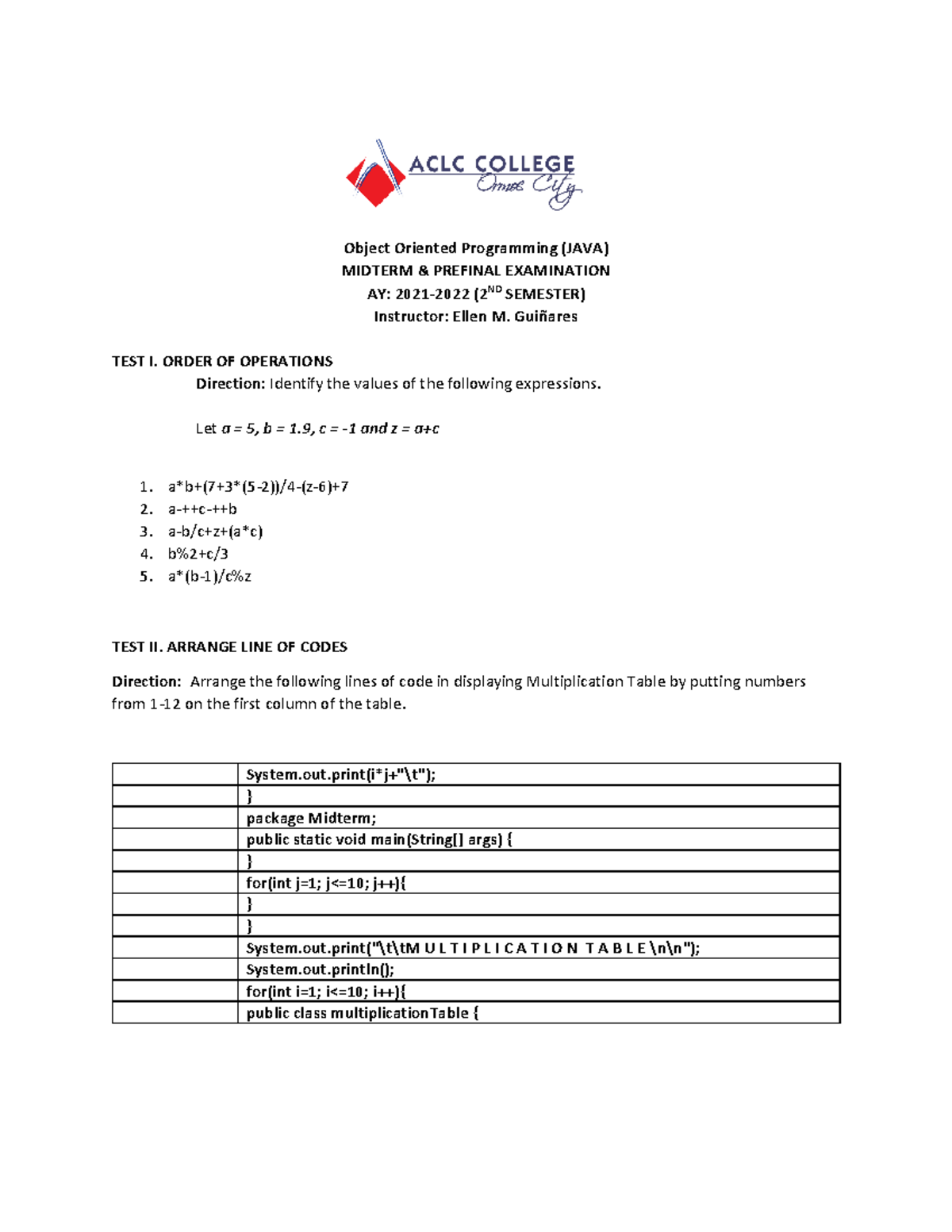OOP-JAVA Midterm & Prefinal Exam Answer Sheet - AY 2021-2022 - Studocu