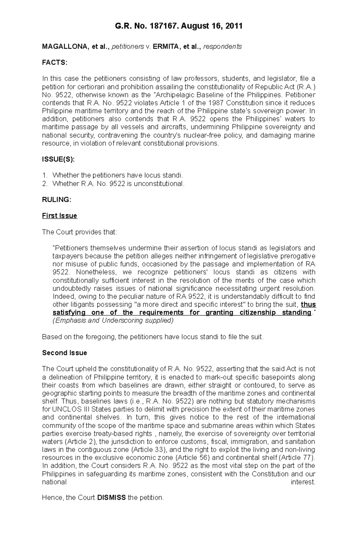 Magallona v. Ermita Case Digest (G.R. No. 187167) - Analysis & Ruling ...