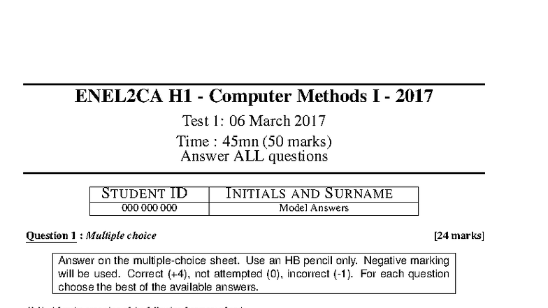 ENEL2CA H1 Computer Methods I Test 1 Solutions - March 2017 - Studocu