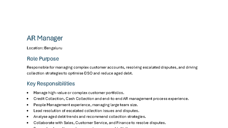JD-AR Manager: Role Overview and Key Responsibilities - Studocu