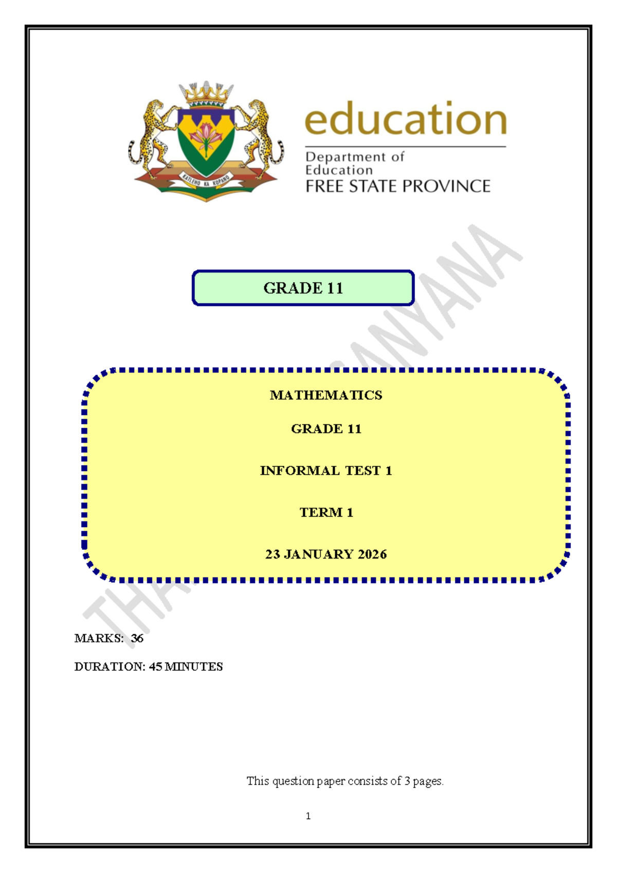 GRADE 11 MATHEMATICS INFORMAL TEST 1 TERM 1 2025 - Studocu
