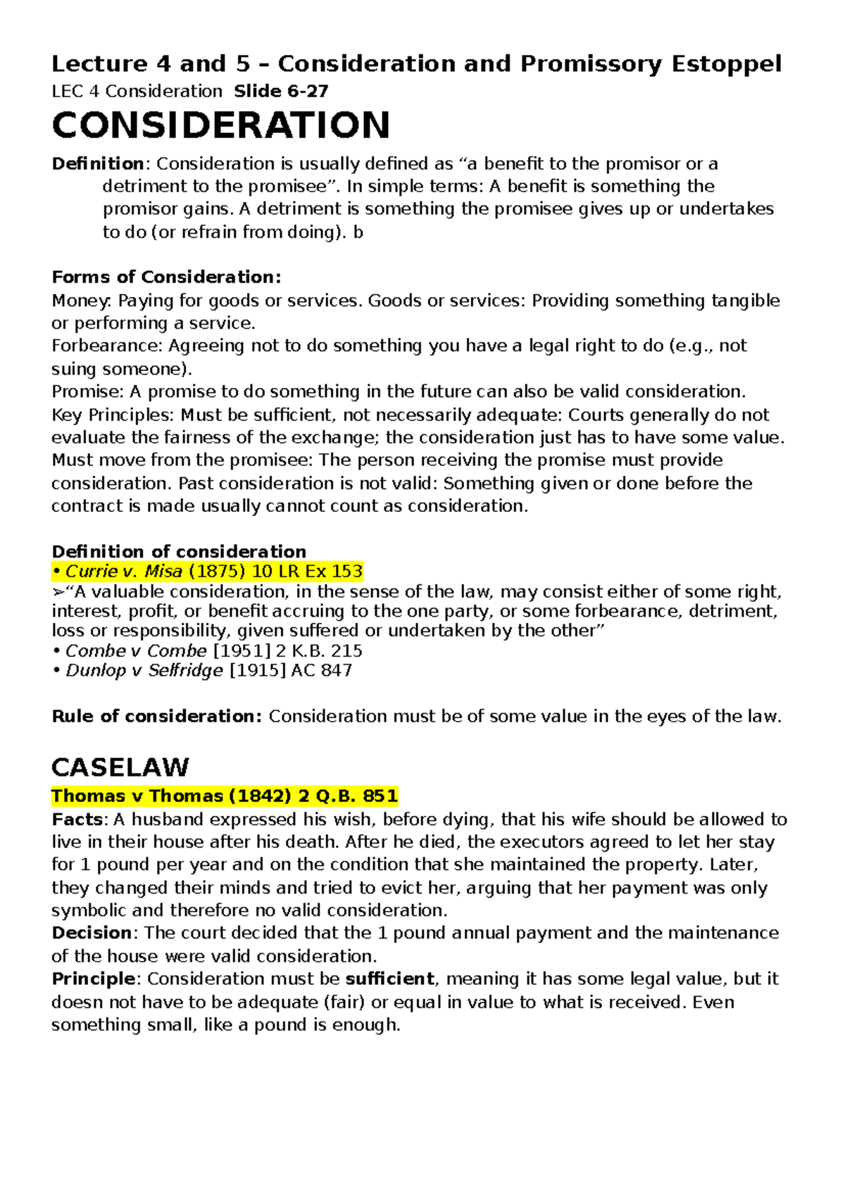 Lec 4-5: Consideration and Promissory Estoppel Overview - Studocu
