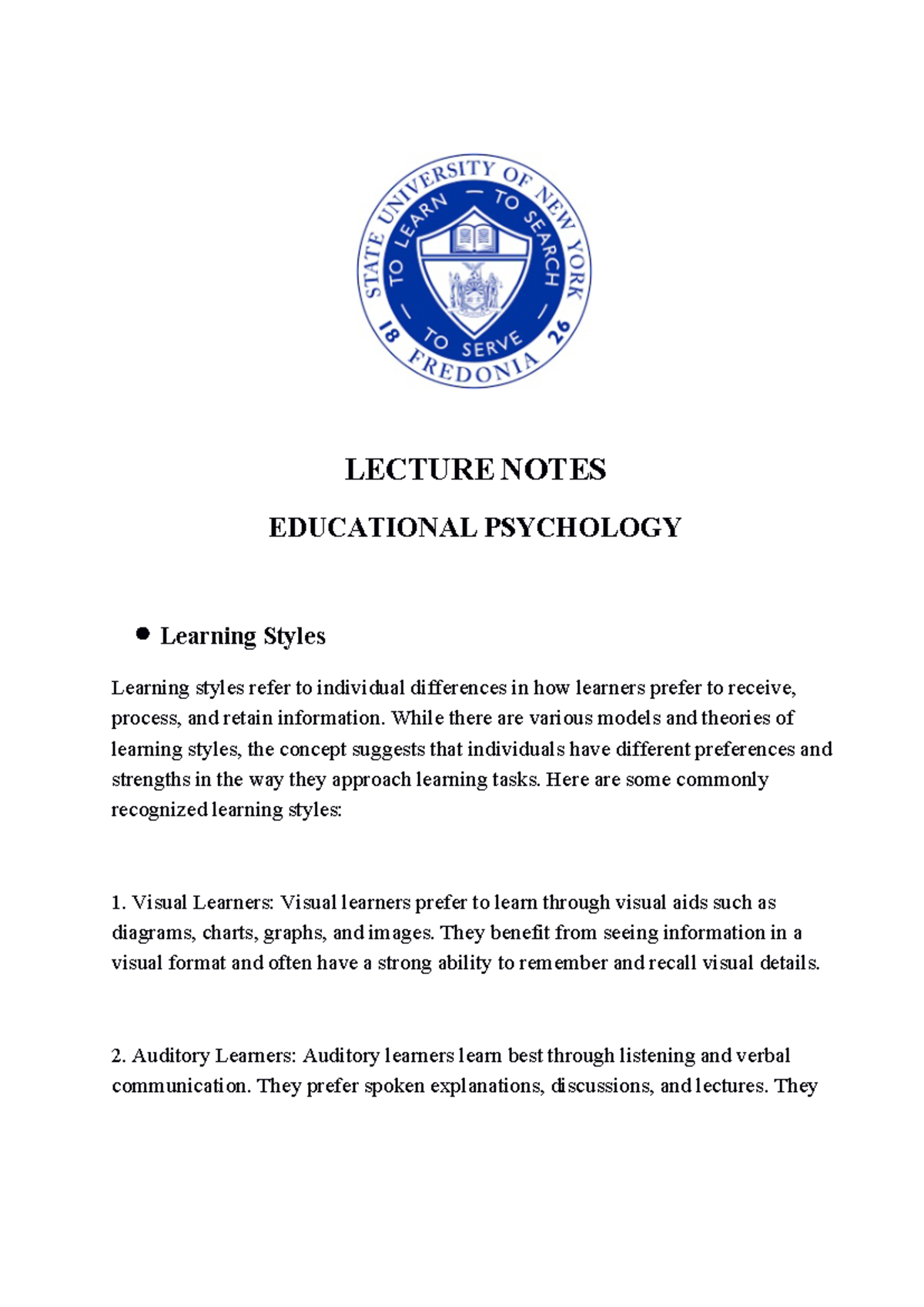 Educational Psychology 21: Lecture Notes on Learning Styles - Studocu