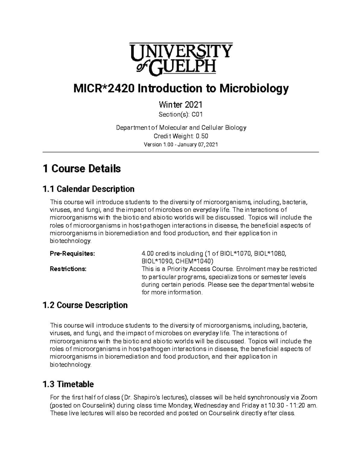 Course outline - MICR*2420 Introduction to Microbiology Winter 2021 ...