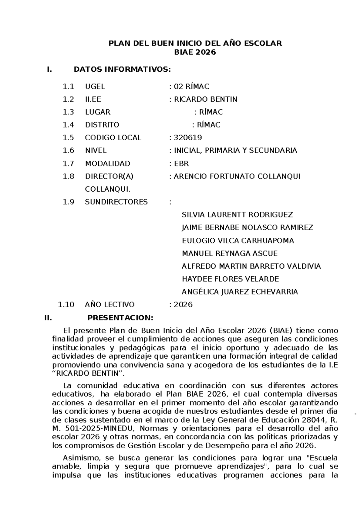 Plan de Buen Inicio del Año Escolar BIAE 2026 - I.E. Ricardo Bentín - Document Preview