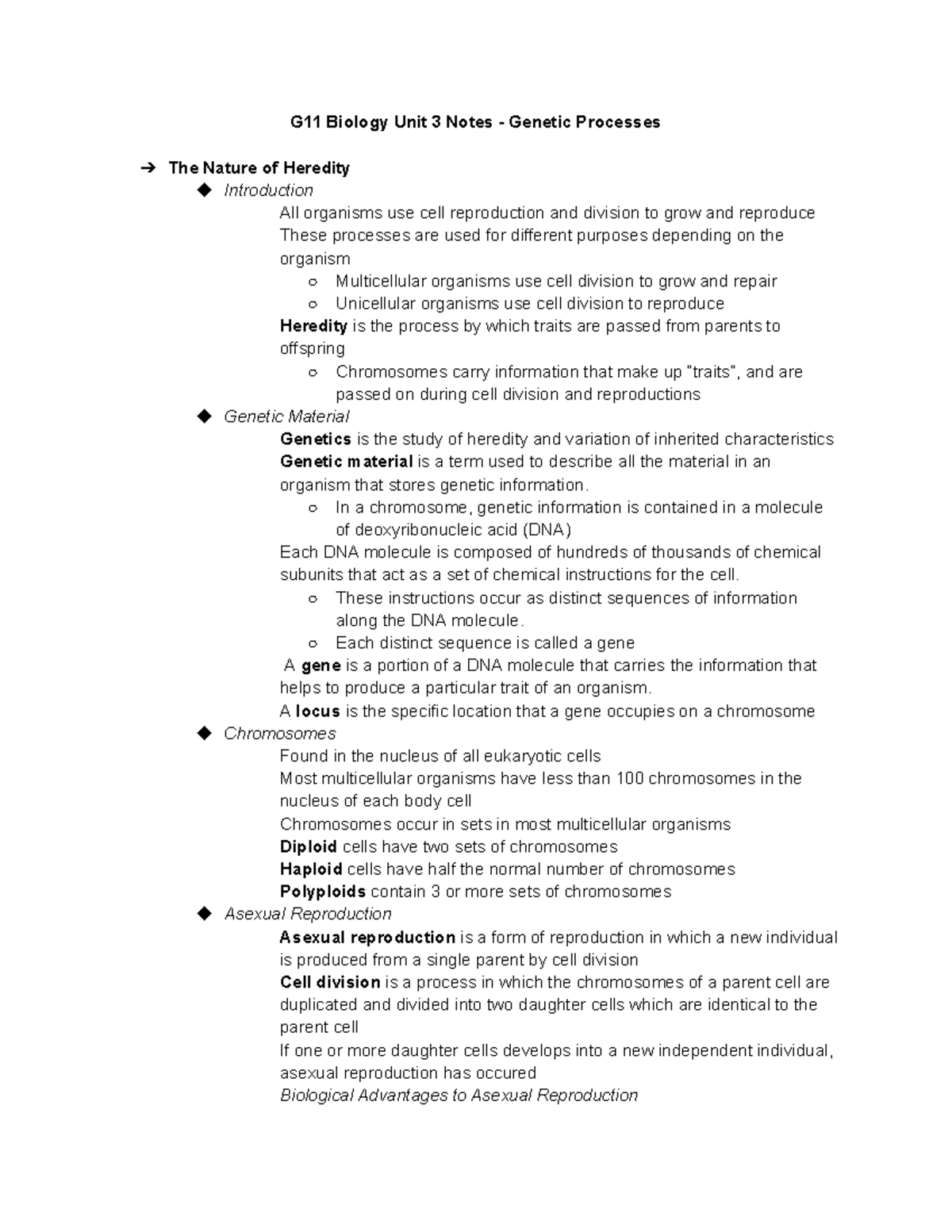 G11 Biology Unit 3 Final Exam Notes: Genetic Processes Overview - Studocu