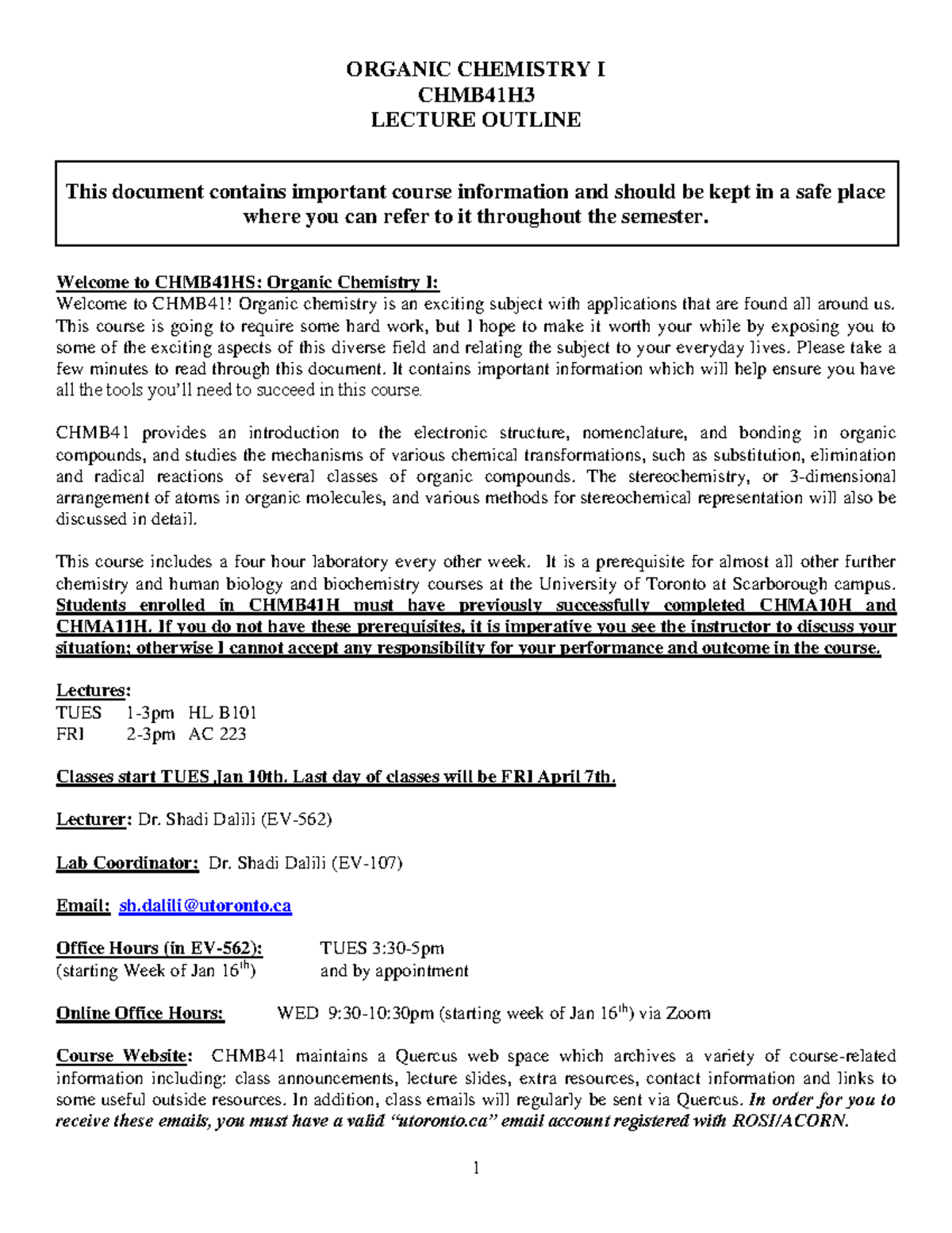 CHMB41H Winter 2023 Organic Chemistry I Syllabus & Course Details - Studocu