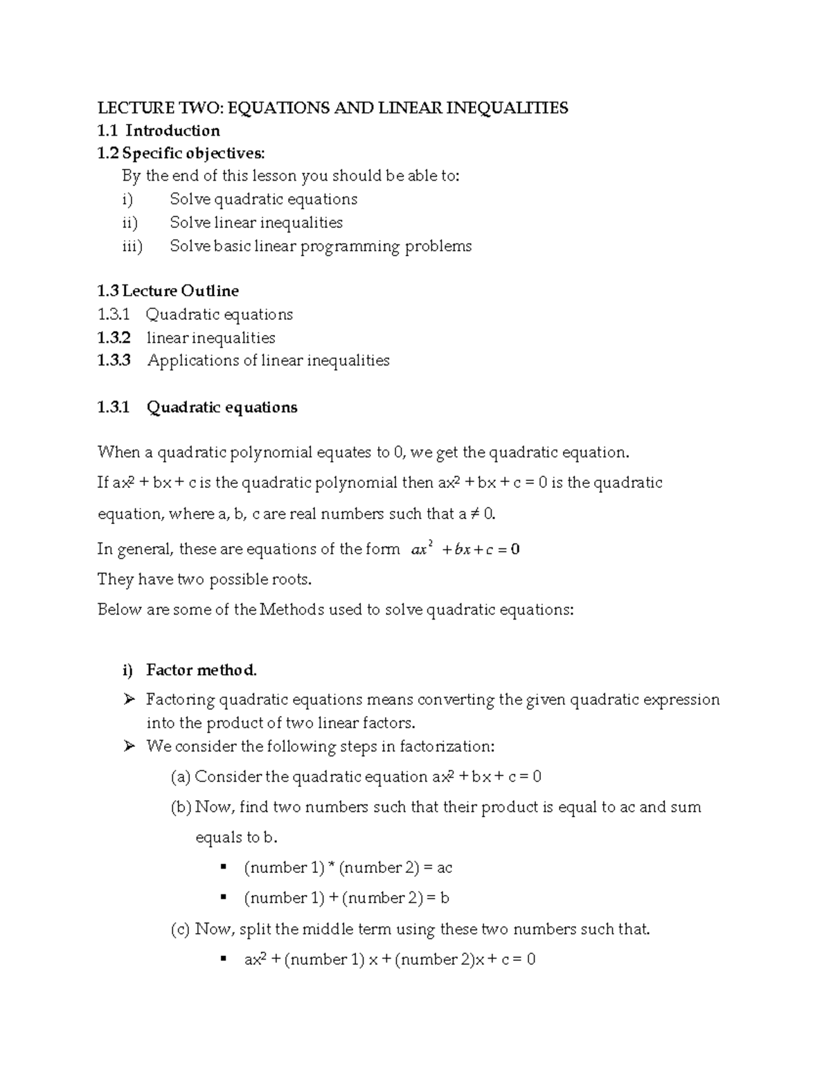 LECTURE 2: EQUATIONS & LINEAR INEQUALITIES - MANAGEMENT MATH - Studocu