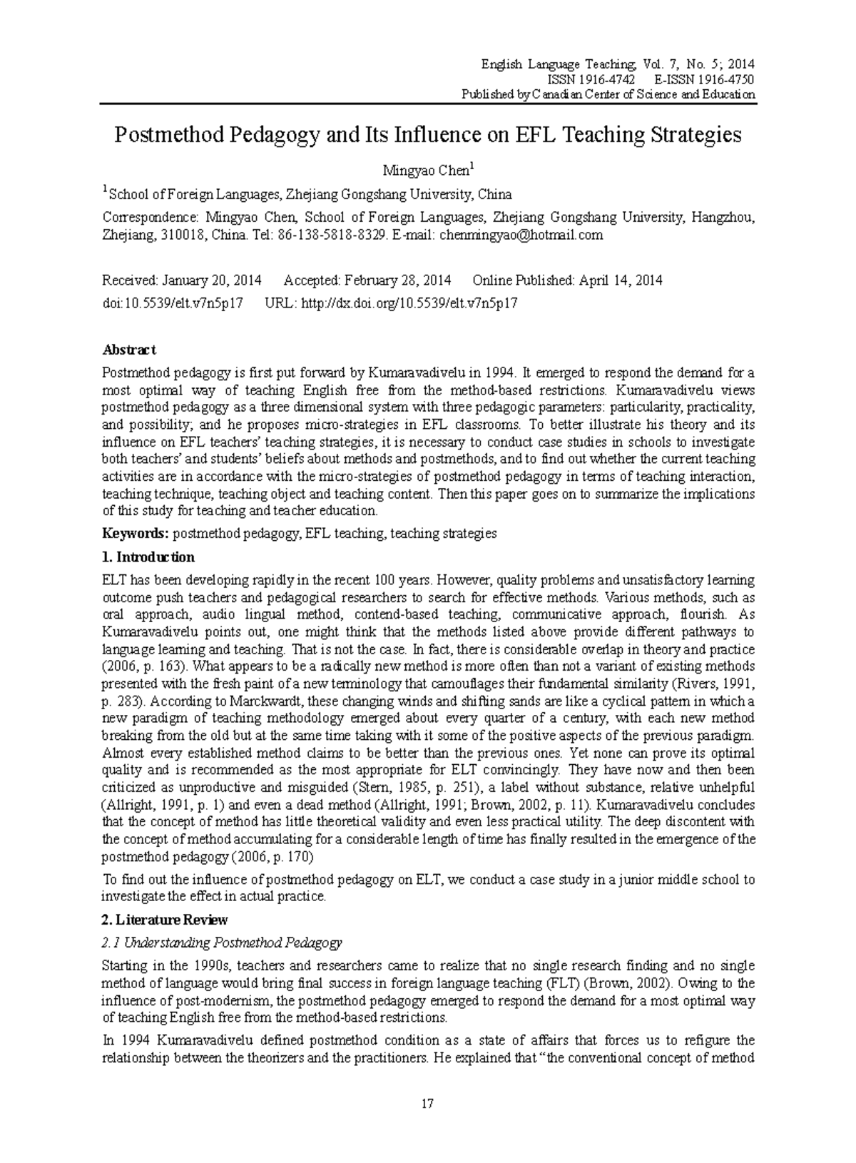Postmethod Pedagogy's Impact on EFL Strategies (ENG 2014) - Studocu