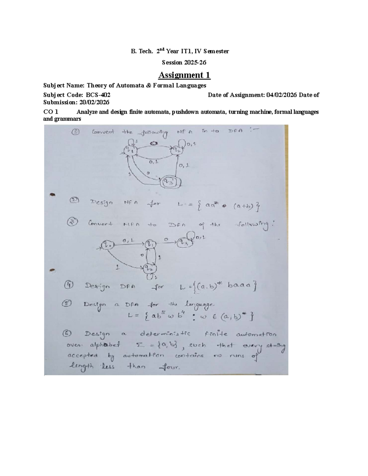 Assignment 1 TAFL - B.Tech CSE (2nd Year) - B. Tech. 2nd Year IT1, IV ...