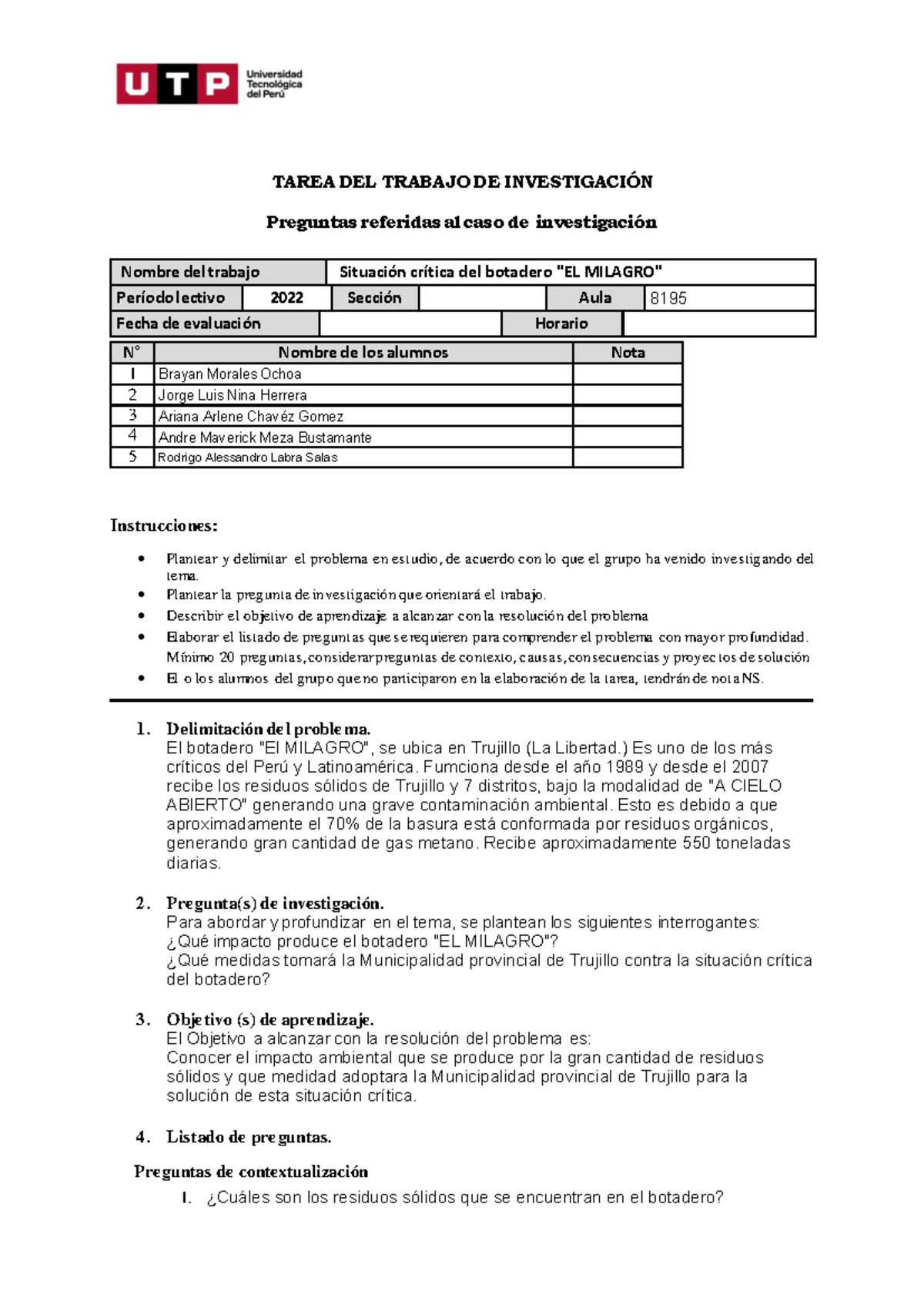 Semana 5 - Tarea 1 - TAREA DEL TRABAJO DE INVESTIGACIÓN Preguntas ...