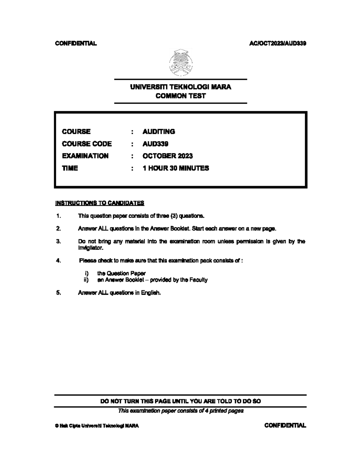 CT AUD339 Q OCT2023 - Auditing Common Test Question Paper - Studocu