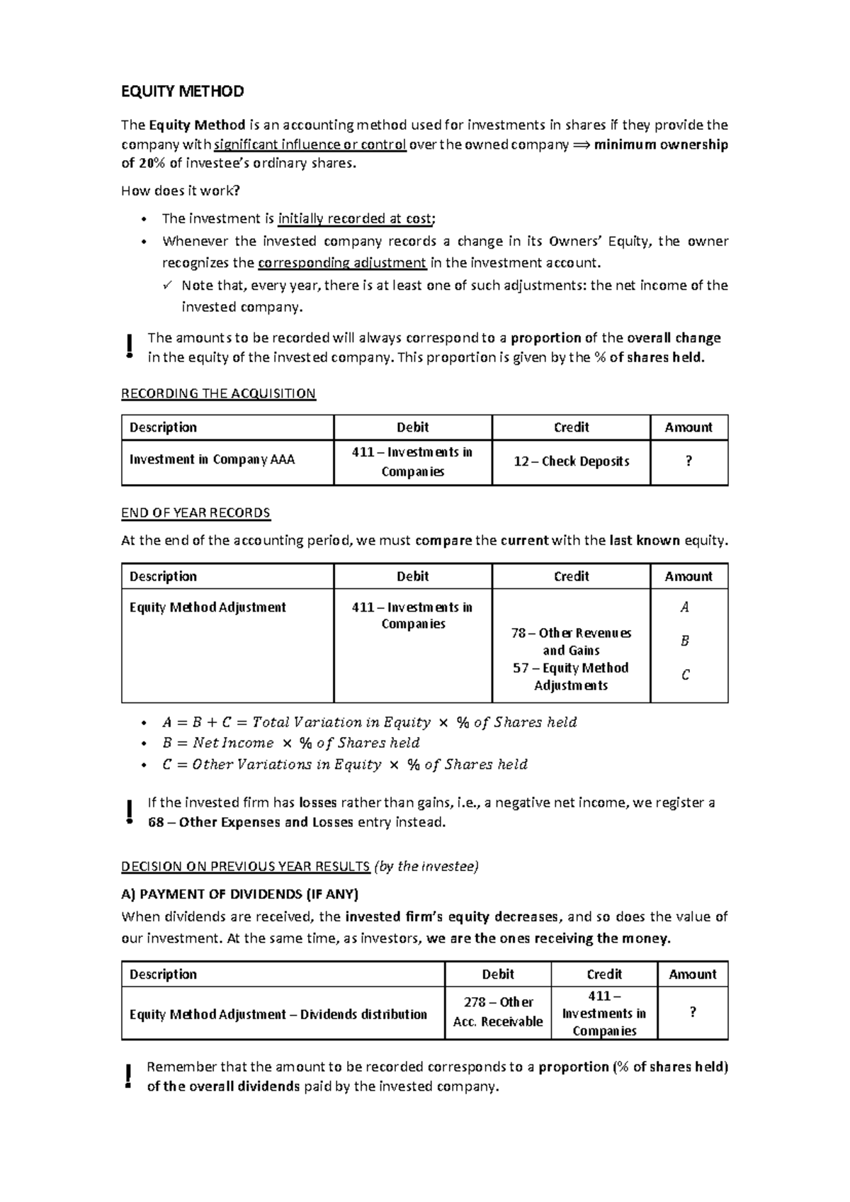 Equity Method - Summary 2: Accounting for Investments - Studocu