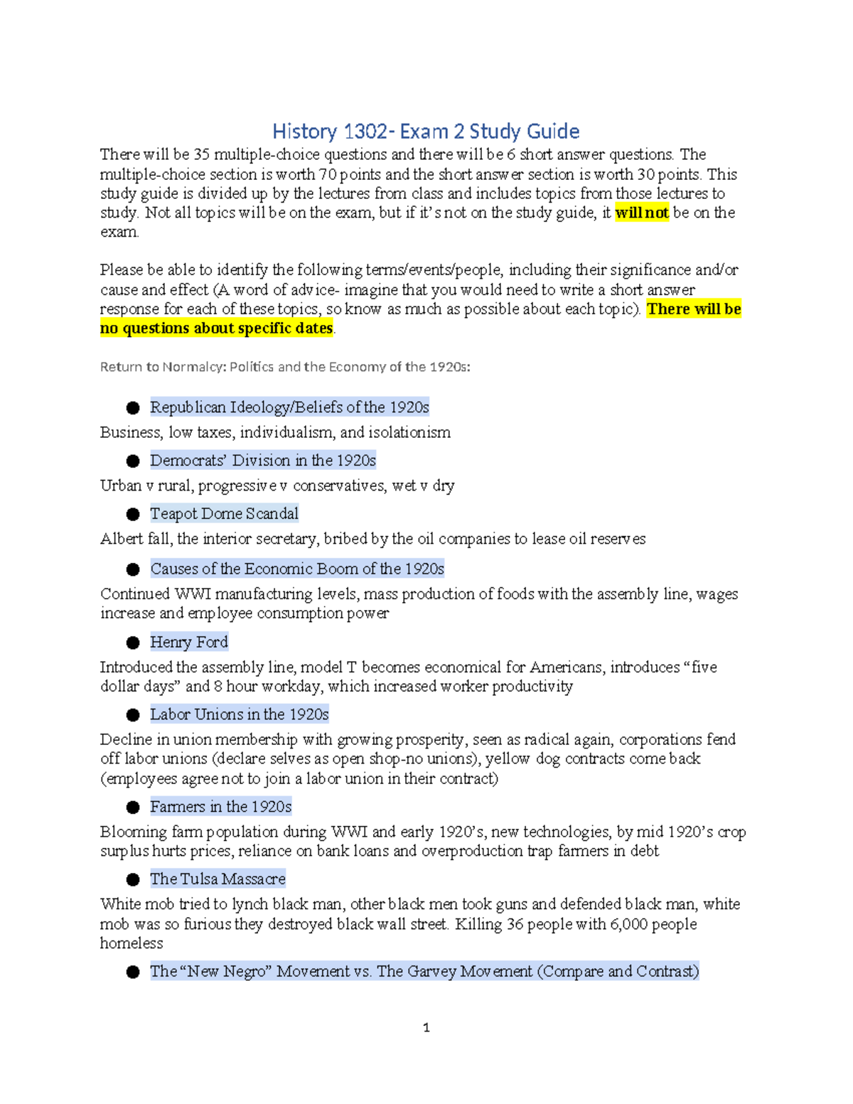 History 1302 - Exam 2 Study Guide: Key Topics from the 1920s-30s - Studocu