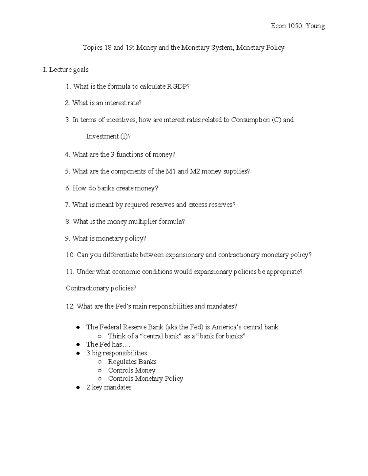 Econ 1050: Lecture Guide on Money & Monetary Policy (Topics 18 & 19 ...