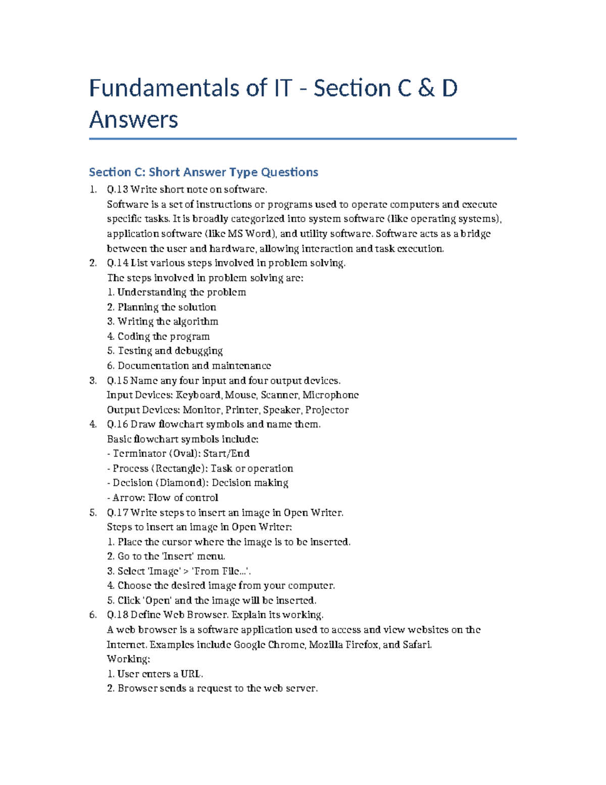IT Fundamentals Section C & D Answers: Short & Long Questions - Studocu