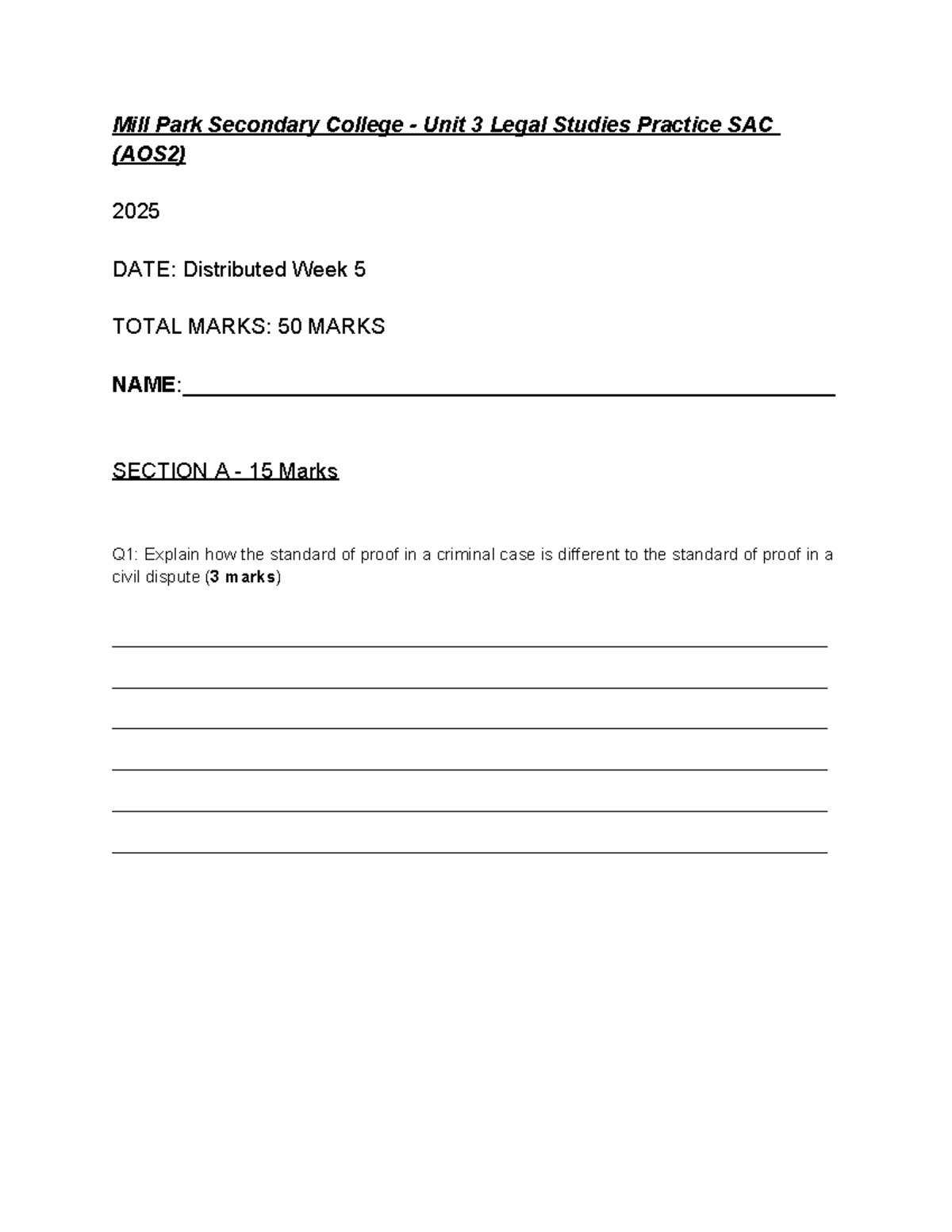 Unit 3 Legal Studies Practice SAC (AOS2) 2025 - Case Study Analysis ...