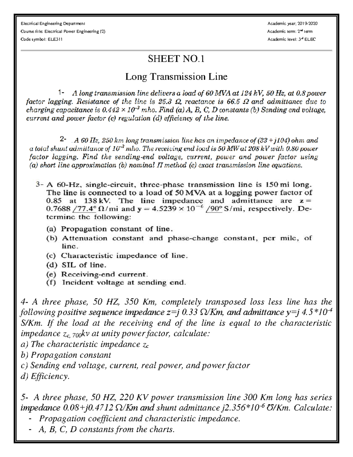 Sheet 1 - Long Transmission Line - Electrical Engineering Department ...