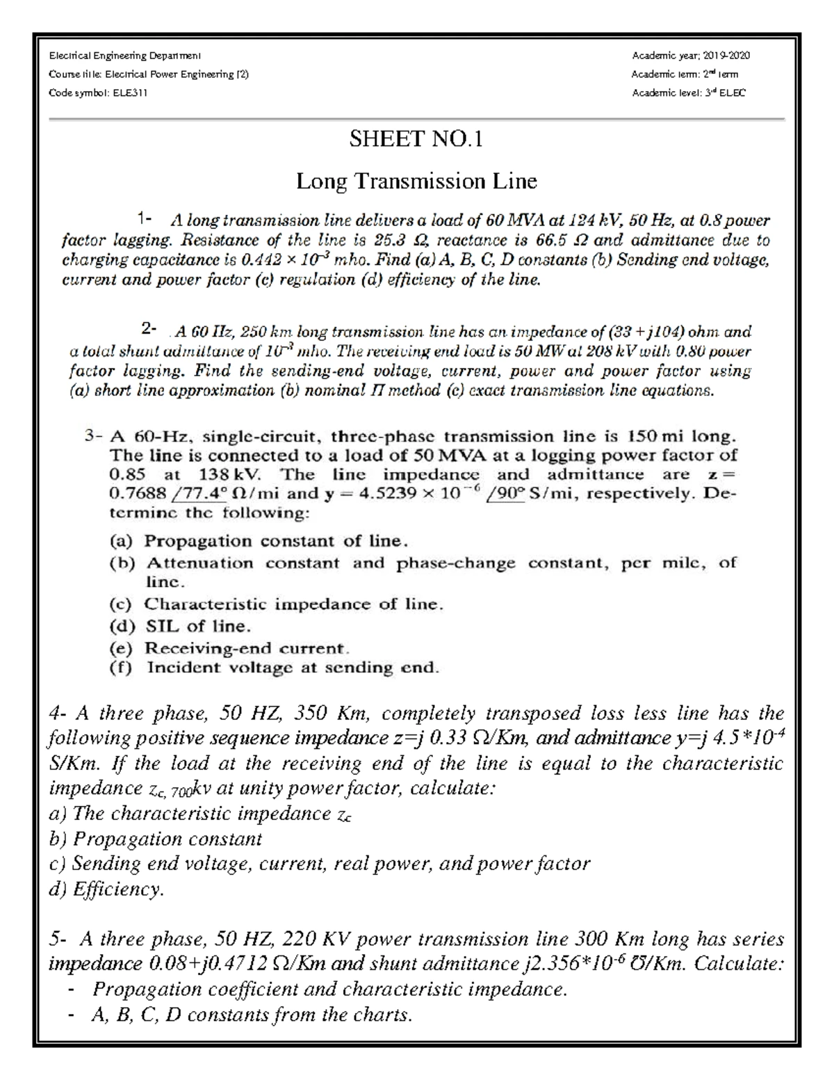 Electrical Power Engineering (2) Third Year - Sheet 3: Per Unit System ...