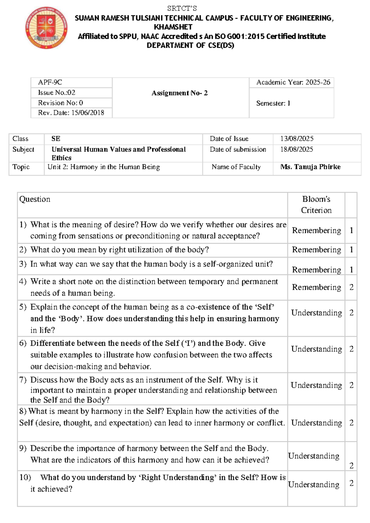 UHV 2 Assignment 2 - Harmony in the Human Being Notes - Studocu